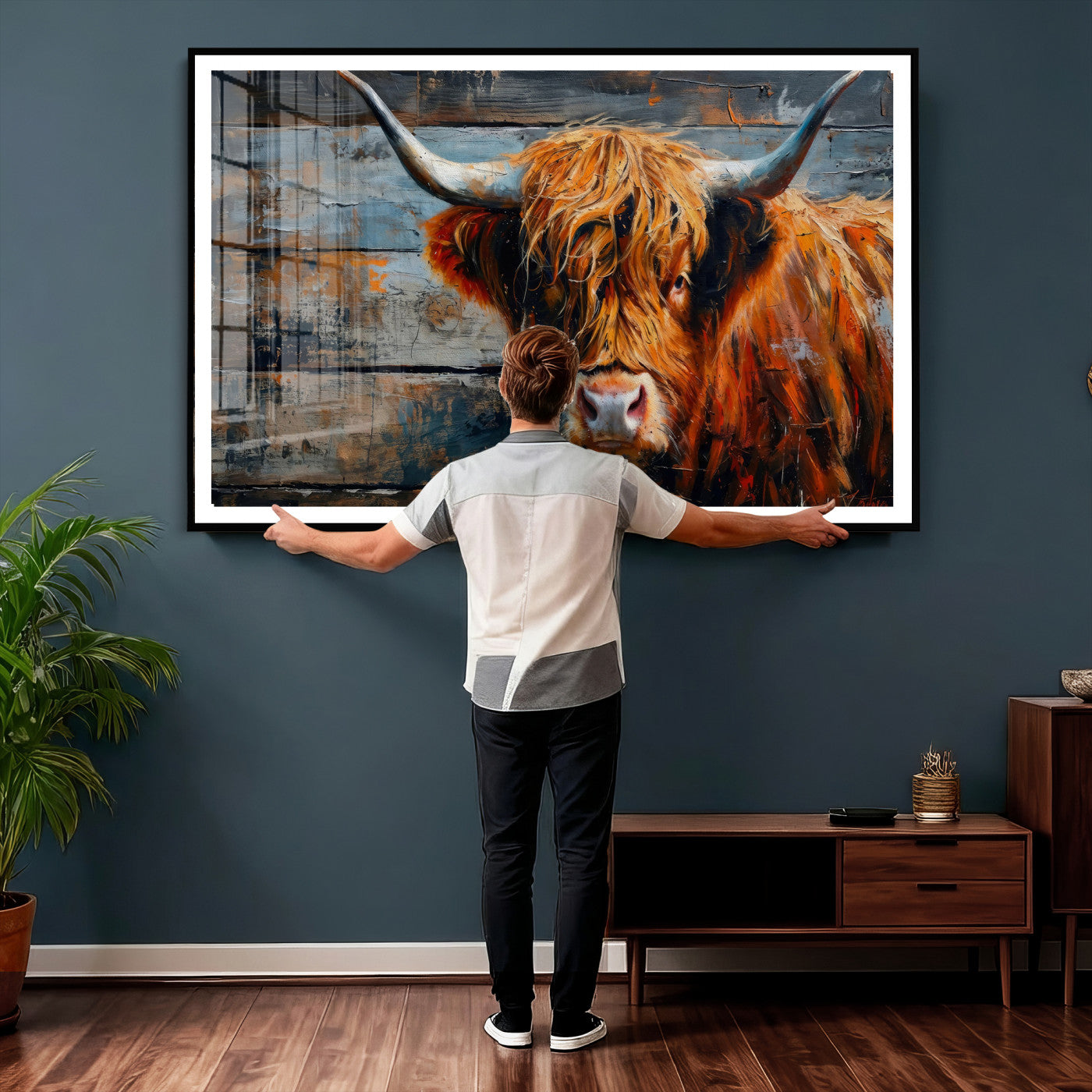 Highland Cow Wall Art Canvas Print, Abstract Rustic Farm