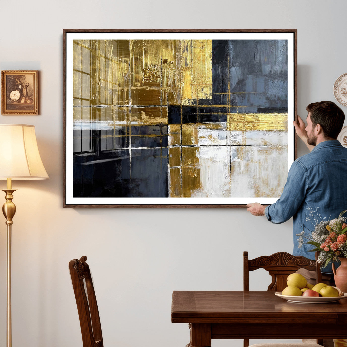 Gold Navy Abstract Wall Art Canvas Print, Modern Luxury