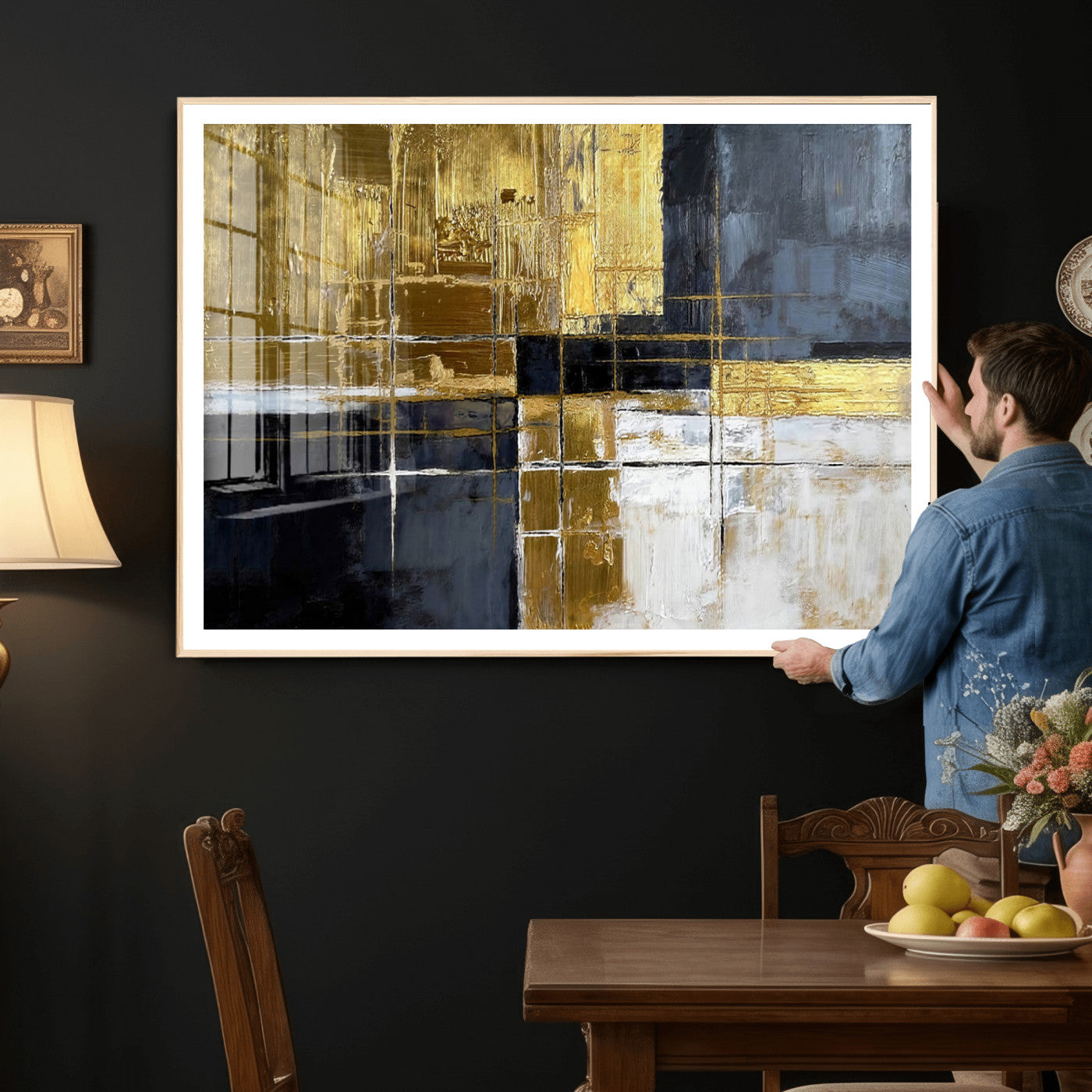 Gold Navy Abstract Wall Art Canvas Print, Modern Luxury