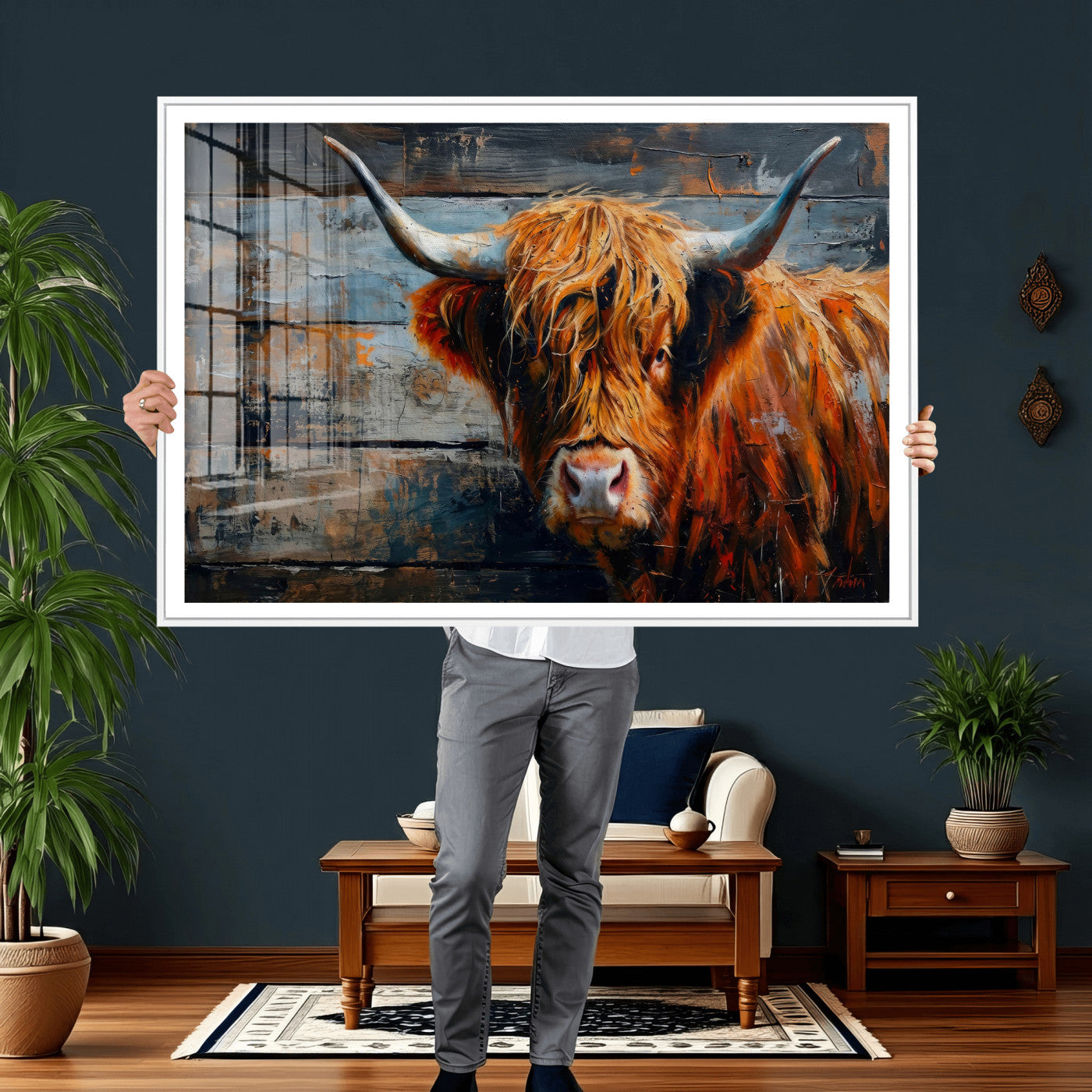 Highland Cow Wall Art Canvas Print, Abstract Rustic Farm