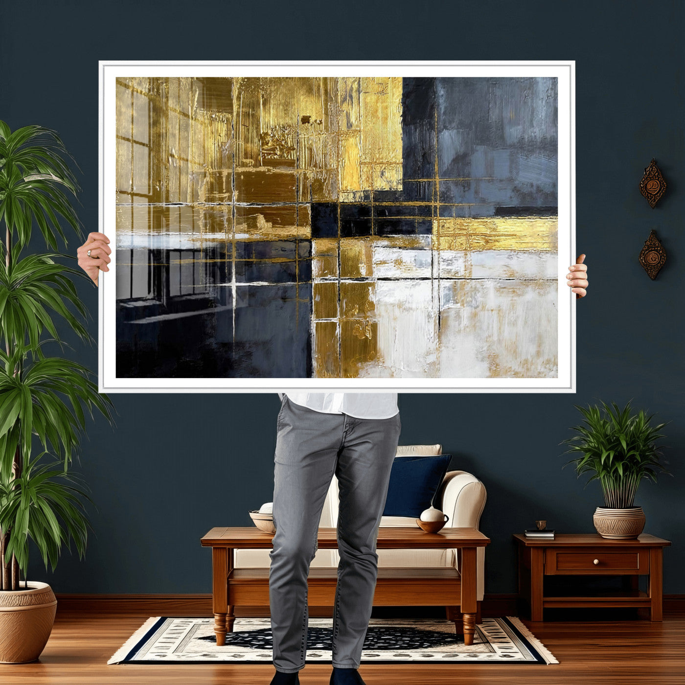 Gold Navy Abstract Wall Art Canvas Print, Modern Luxury