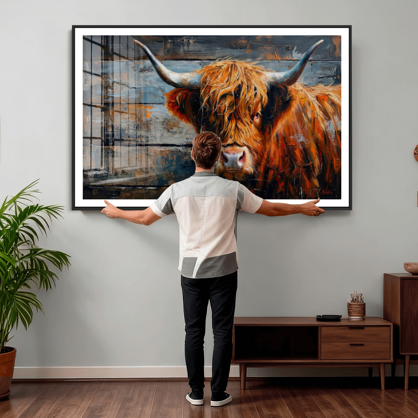 Highland Cow Wall Art Canvas Print, Abstract Rustic Farm