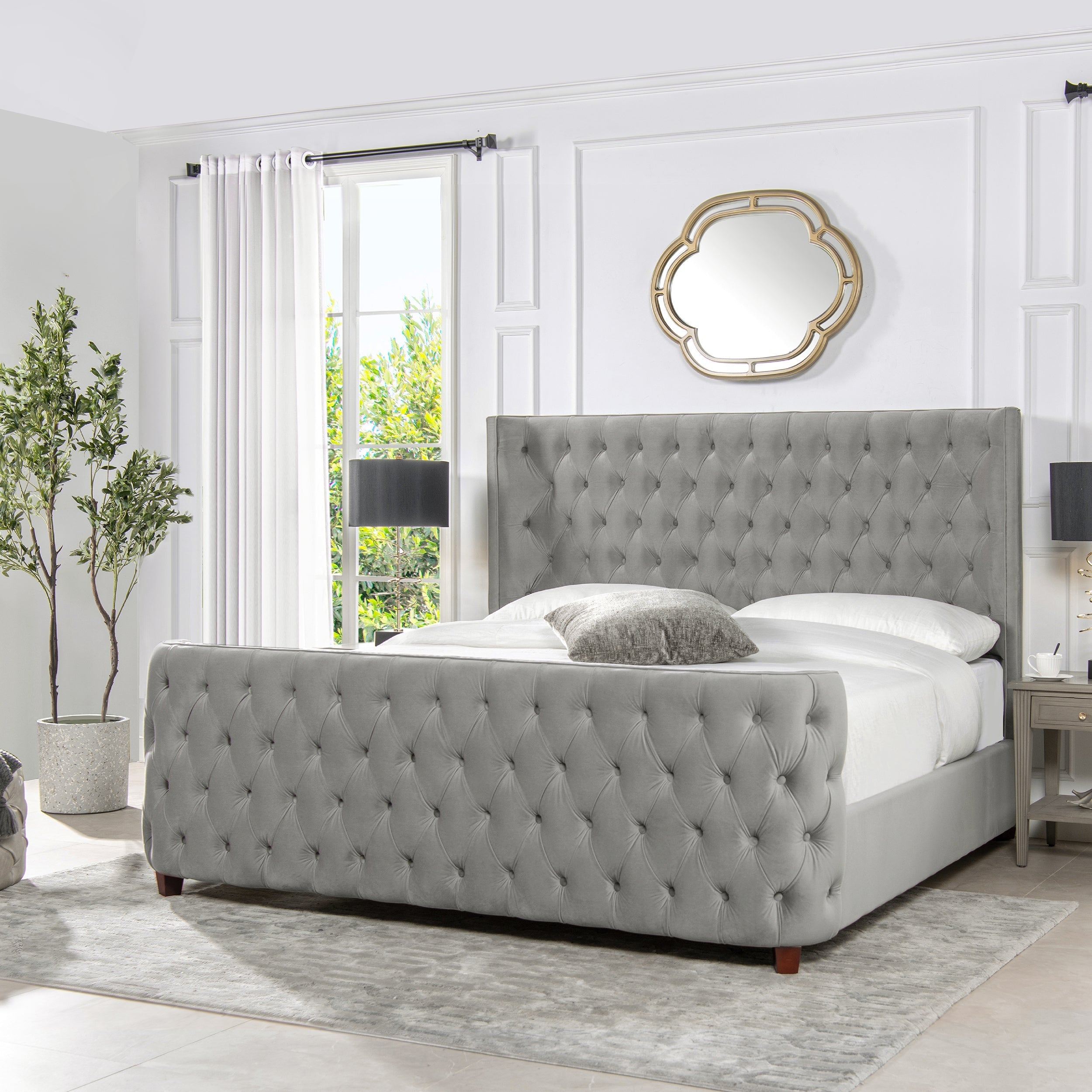Brooklyn King Tufted Panel Bed Headboard and Footboard Set, Opal Grey Velvet