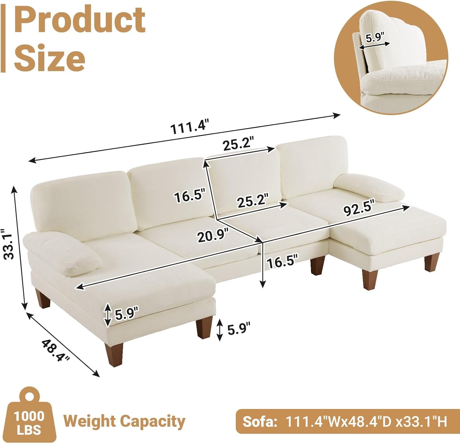 110 Inch Beige U Shaped Sectional Sofa For Living Room With Double Chaise And Comfortable Seating For Gatherings