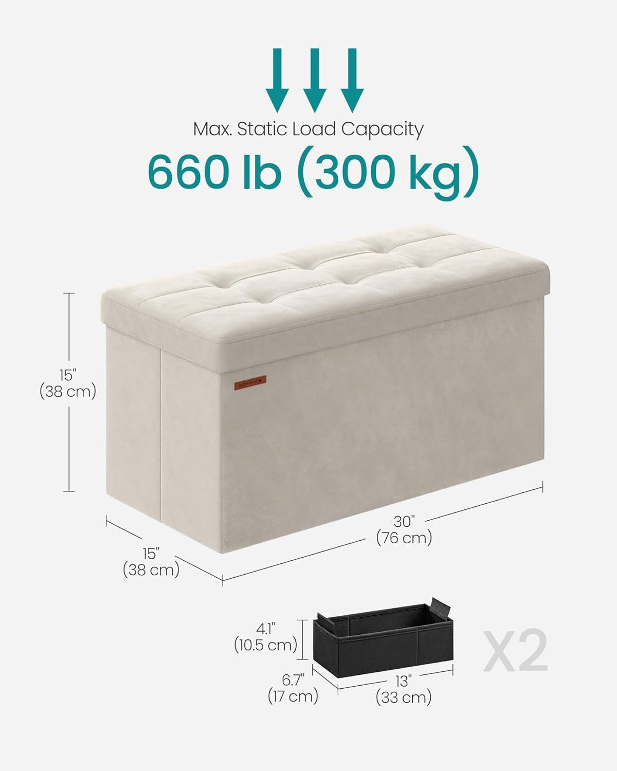 Cream White Foldable Storage Ottoman Bench 15x30x15