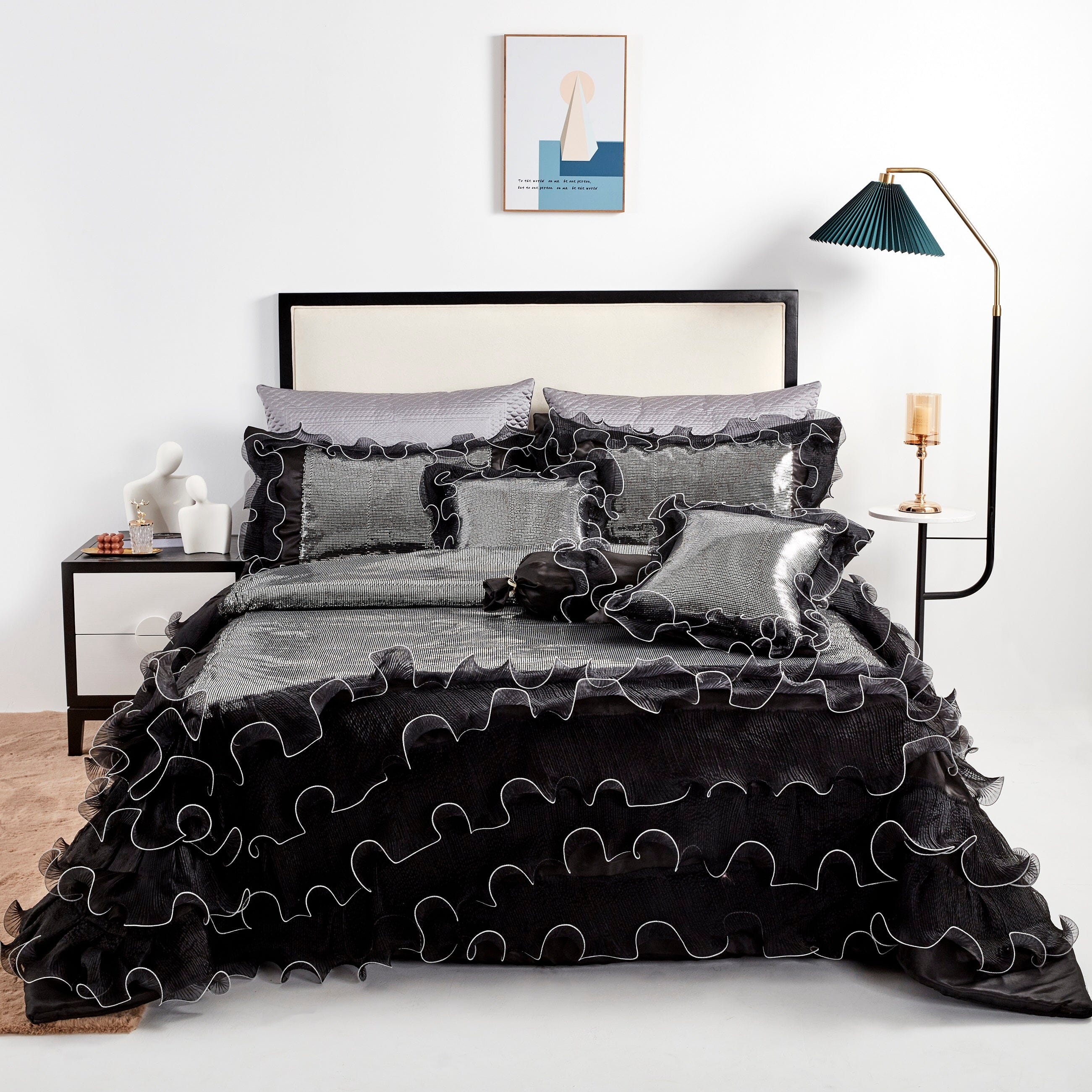 Tache Luxurious Glam Night Out Silver Sequin Black Organza Ruffle 6pc Comforter Set (1622)