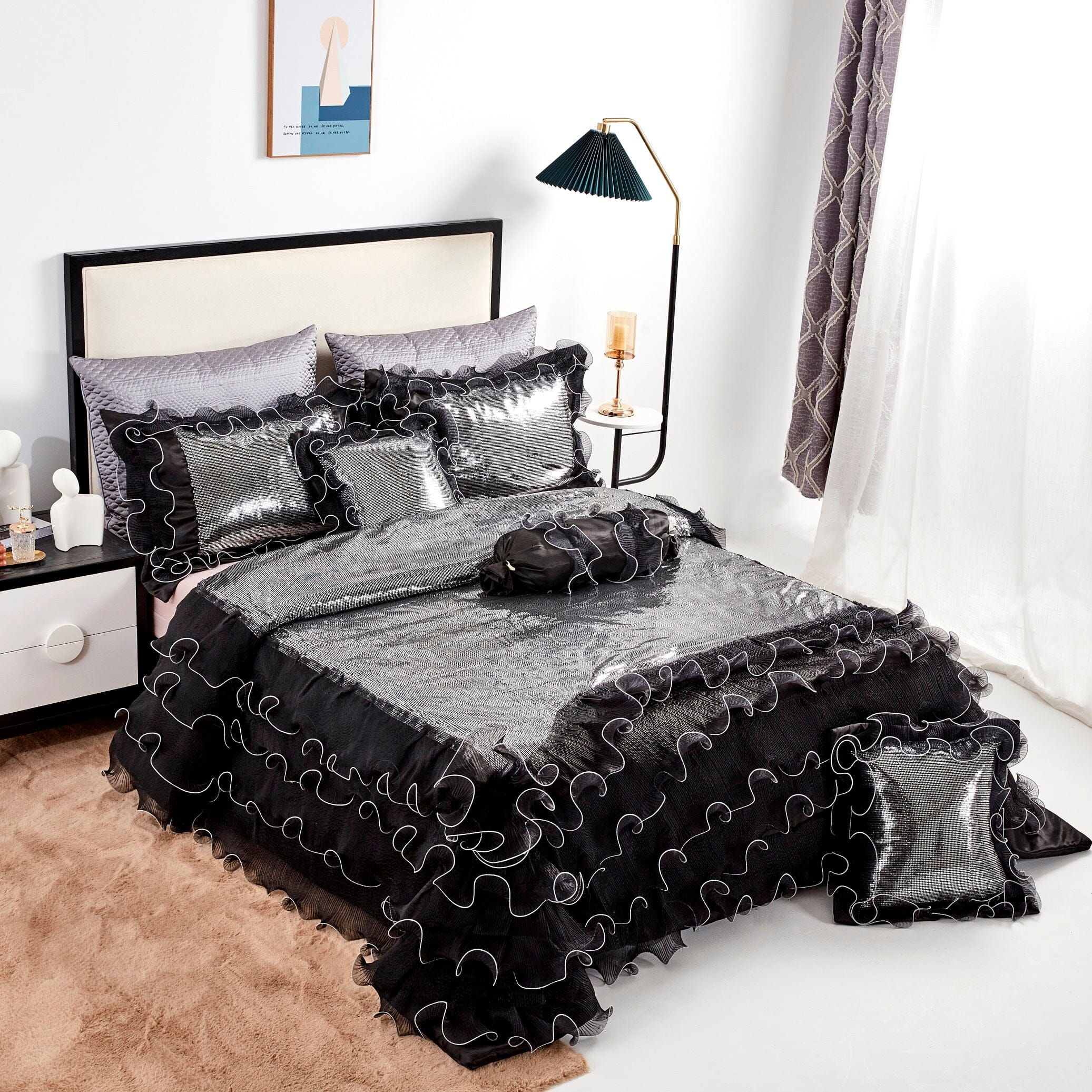 Tache Luxurious Glam Night Out Silver Sequin Black Organza Ruffle 6pc Comforter Set (1622)