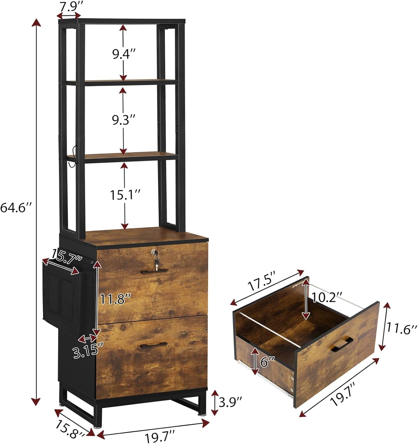 2 Drawer File Cabinet With Lock Rustic Brown For Letter Legal A4 Hanging File Folders Adjustable Shelf
