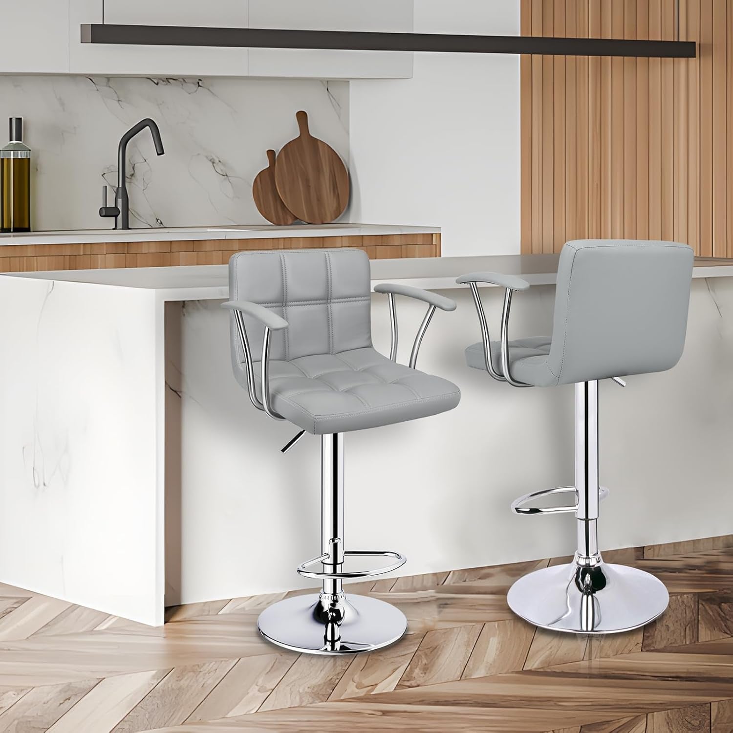 Counter Height Bar Stools Set 2 Armrest Swivel Leather Grey