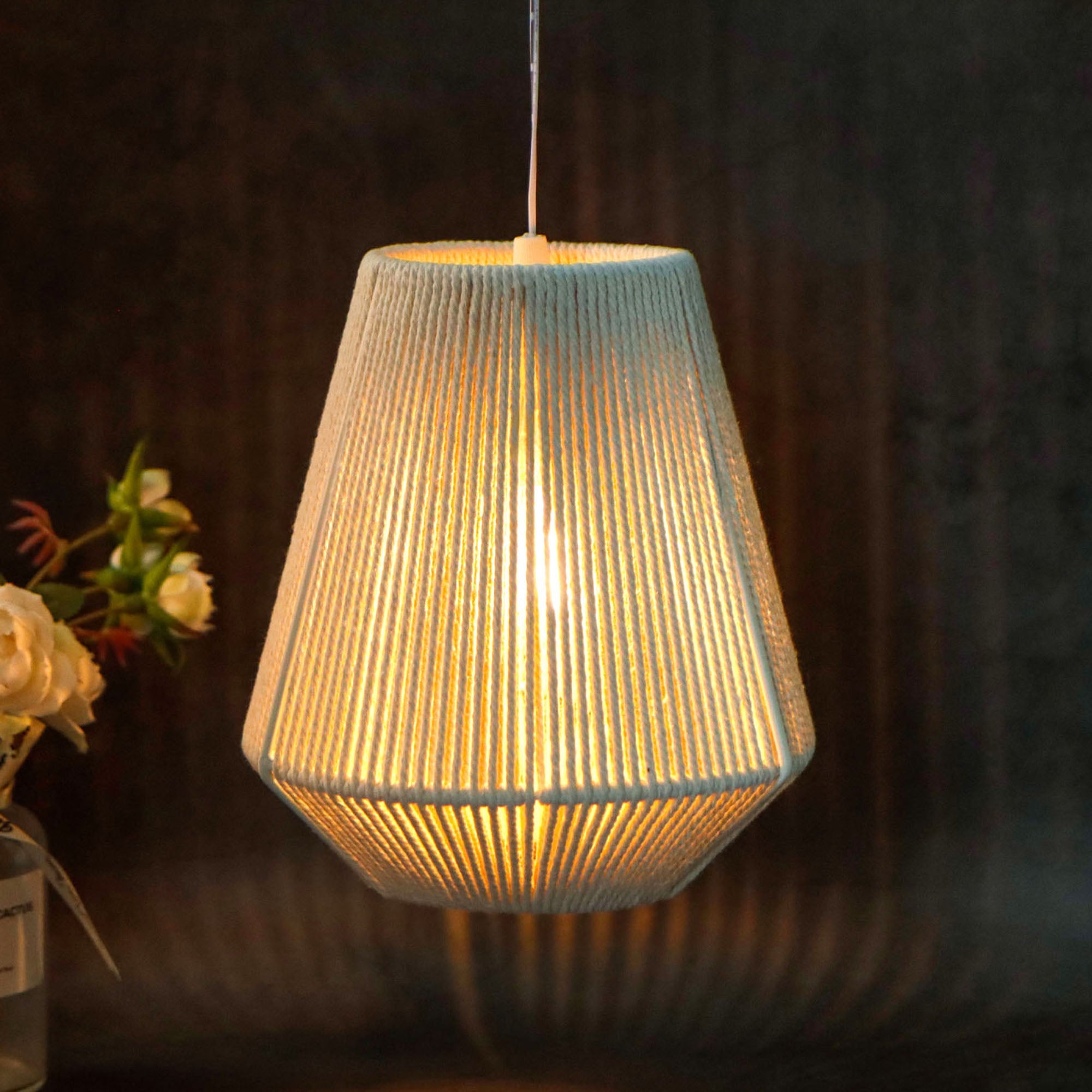 JHY DESIGN Battery Powered Hanging Lamp 8" H Woven Hemp Rope Decorative Pendant Lamp-0