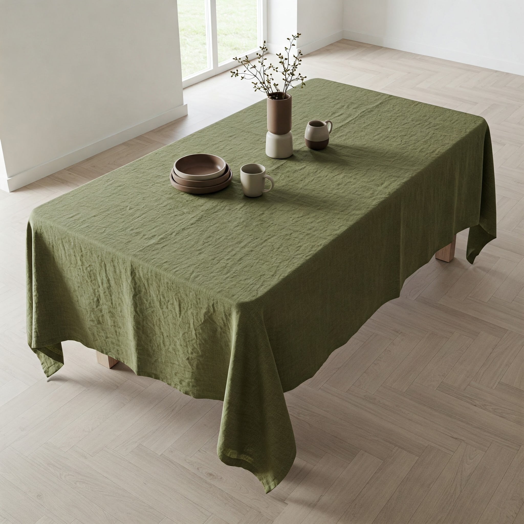 Olive Green Linen Tablecloth - Organic Flax Rustic Table Cover-0