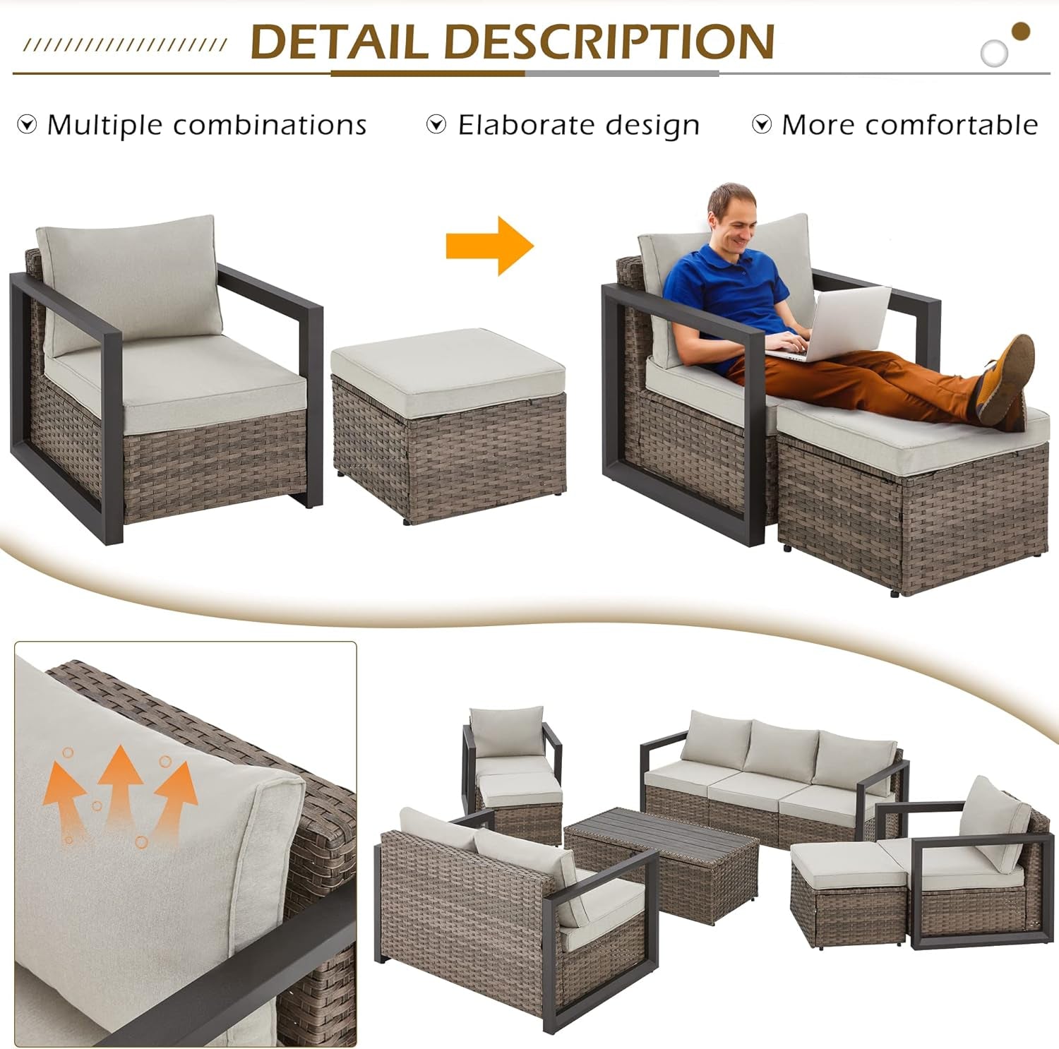 Aluminum Patio Furniture Set with Rattan Sectional Sofa-3