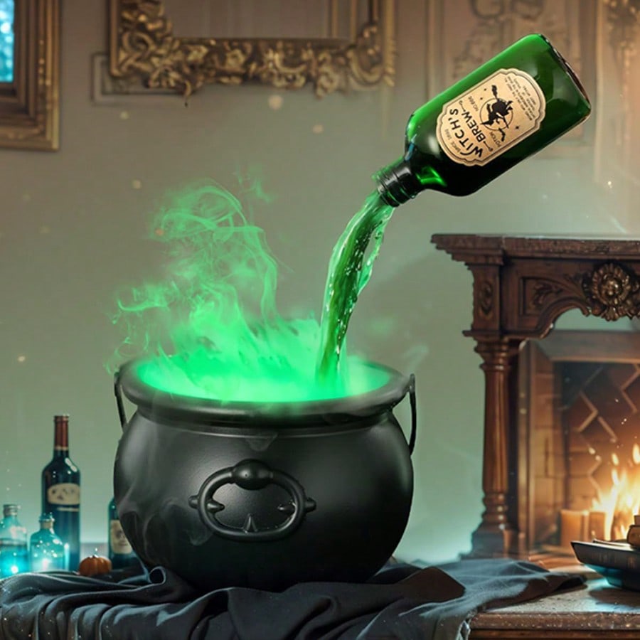 Witches Cauldron With Magic Floating Potion Bottles And Led Diffuser For Halloween Decoration-1