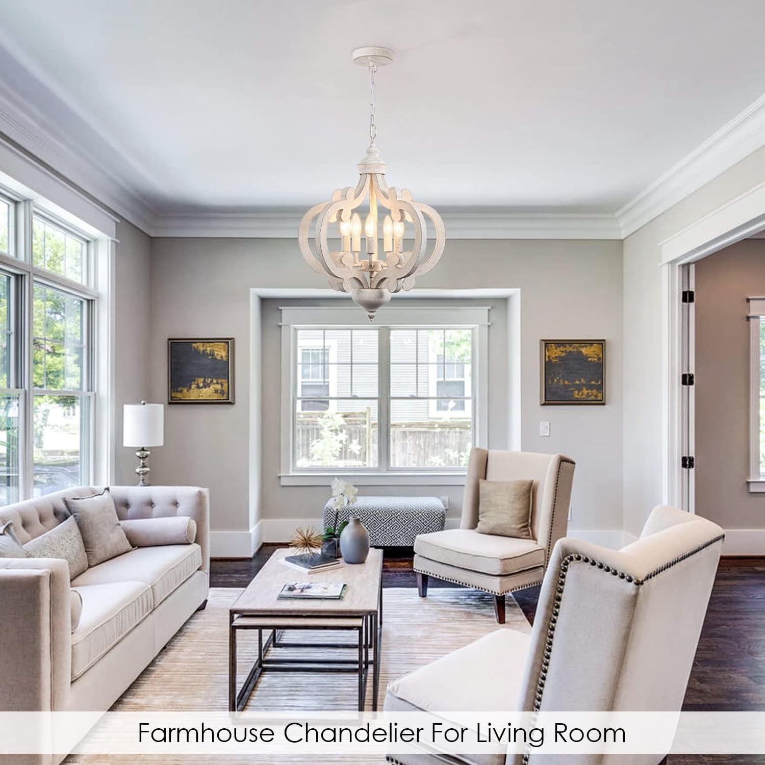 Wooden Farmhouse Chandelier 5 Lights Distressed White-4