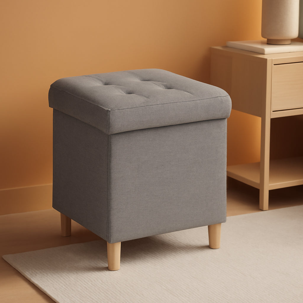 Linen Fabric Storage Ottoman Cube With Tray Lid Elevated Legs 18 Inch