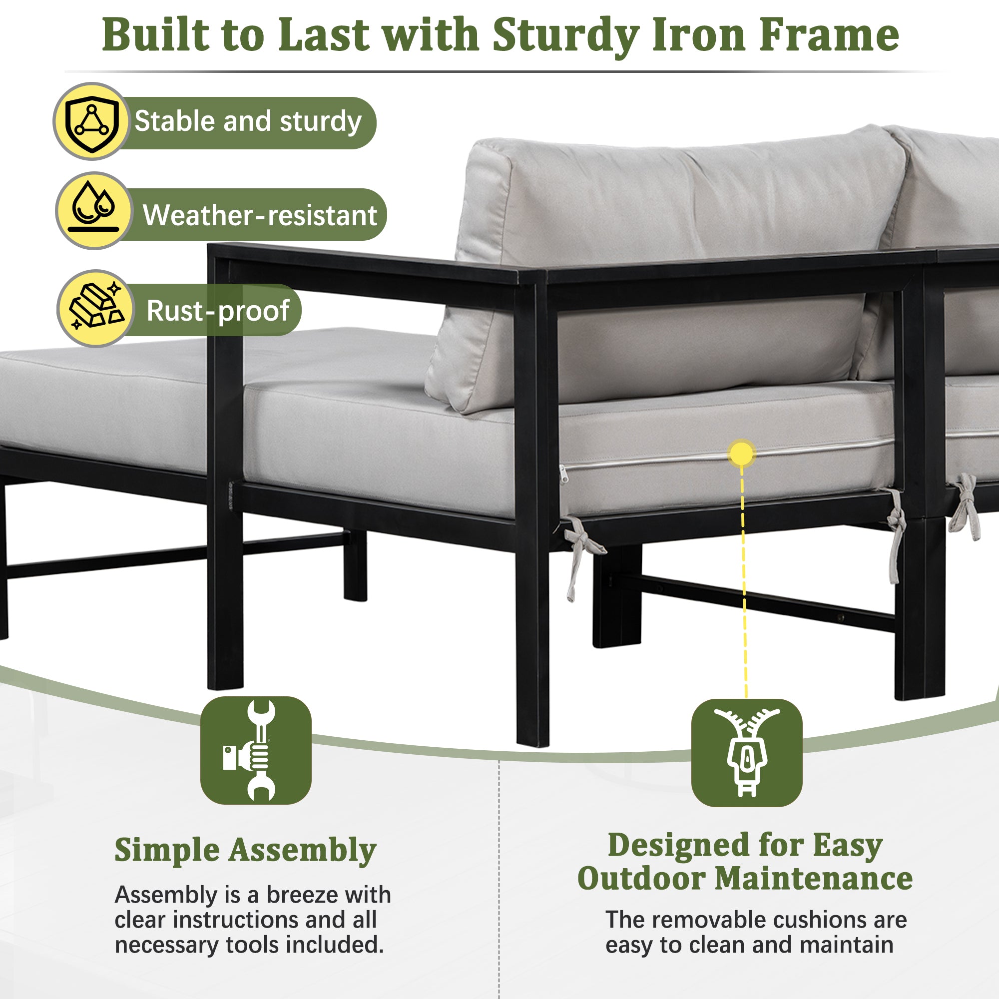 U_style Outdoor L-Shaped Sofa with Iron Frame and Ultra-Thick Cushions
