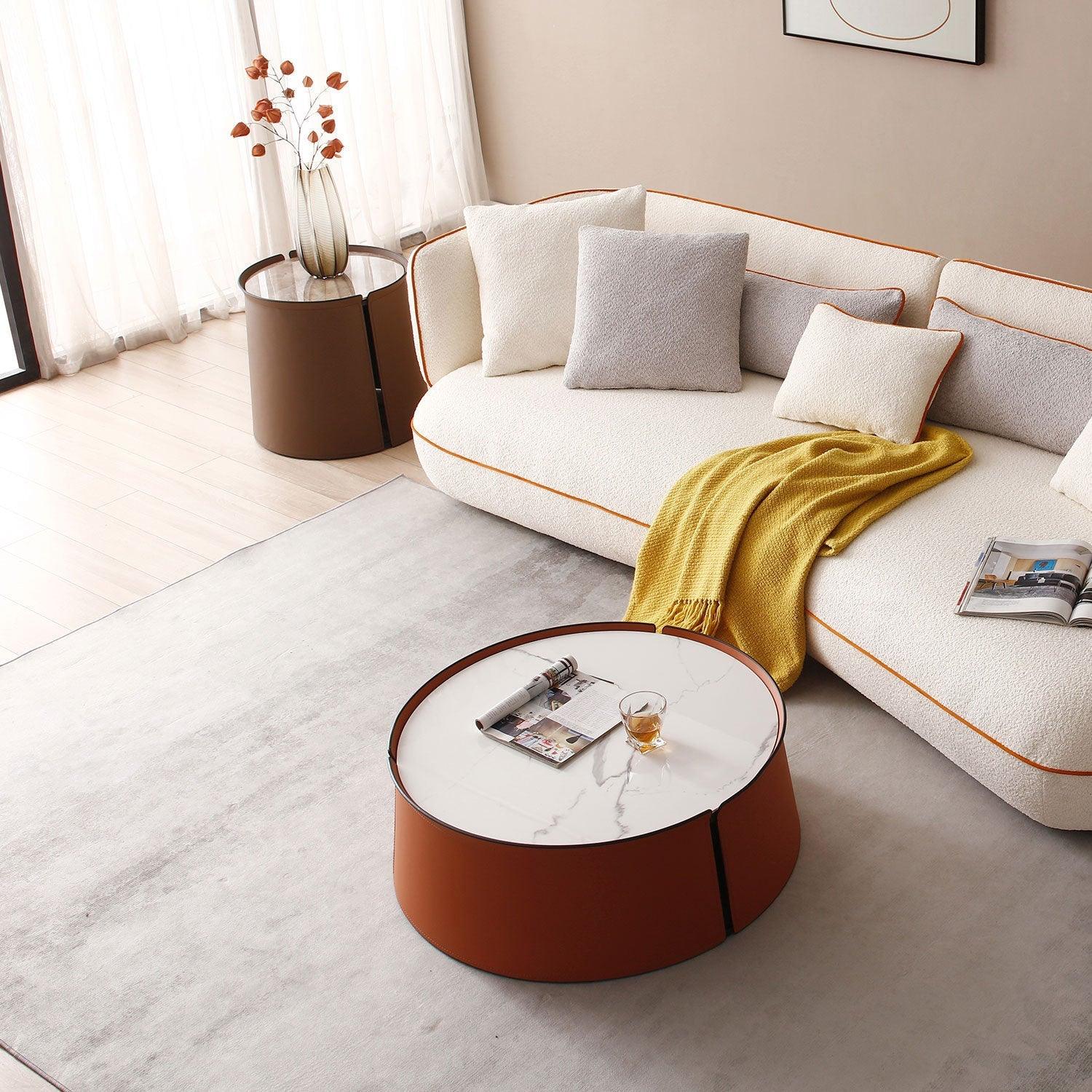31.5" Coffee Table, Marble Top and Orange Saddle Leather Body - PRHOMZ