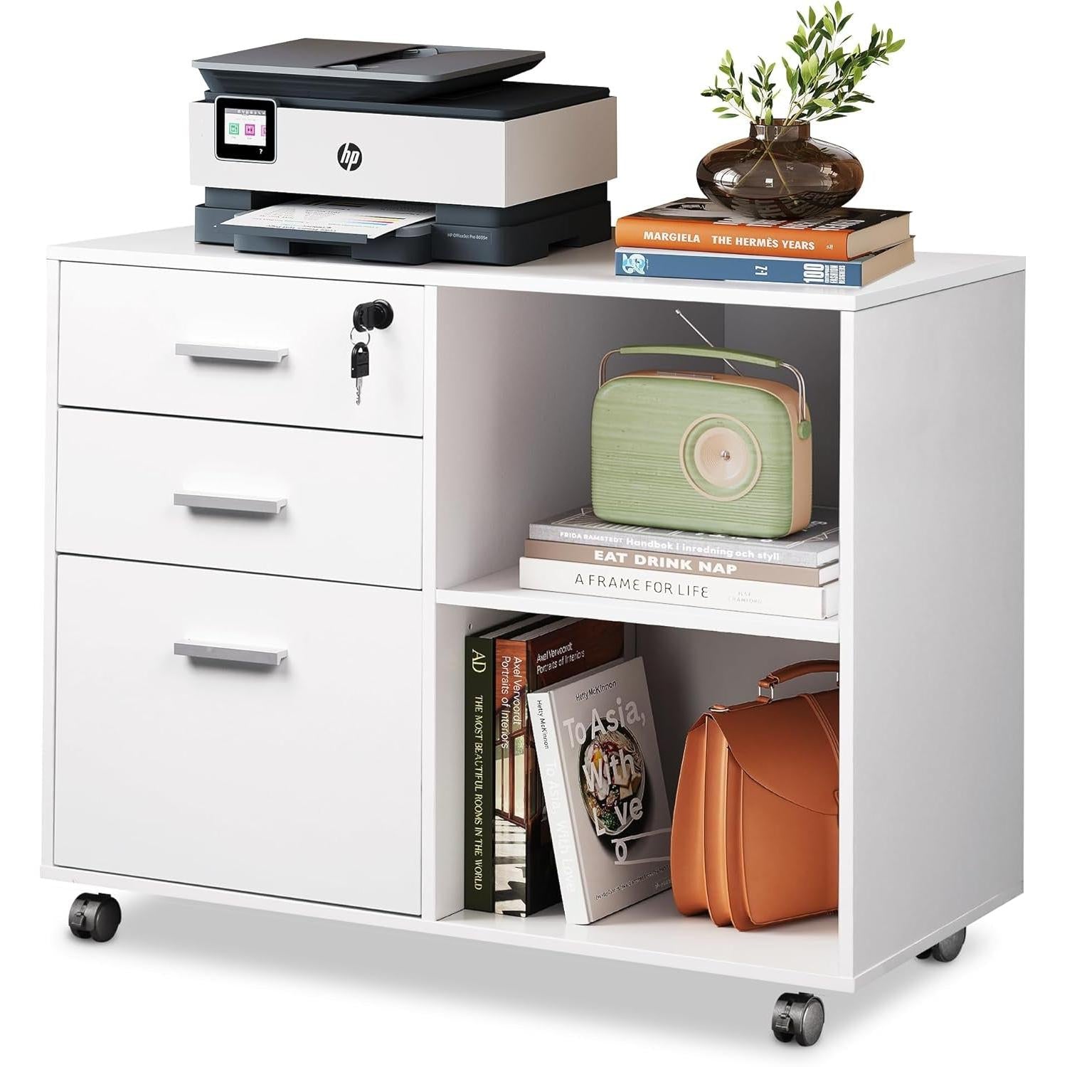 Three Drawer File Cabinet With Printer Stand Locking Wheels