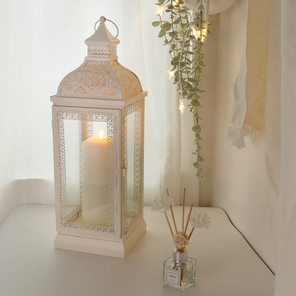 Rustic Metal Decorative Candle Lantern Hanging Candle Holder with Tempered Glass(White)-3