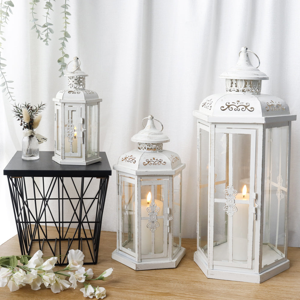 20''&14"&10" H Outdoor Candle Lanterns (White with Gold Brush)-4