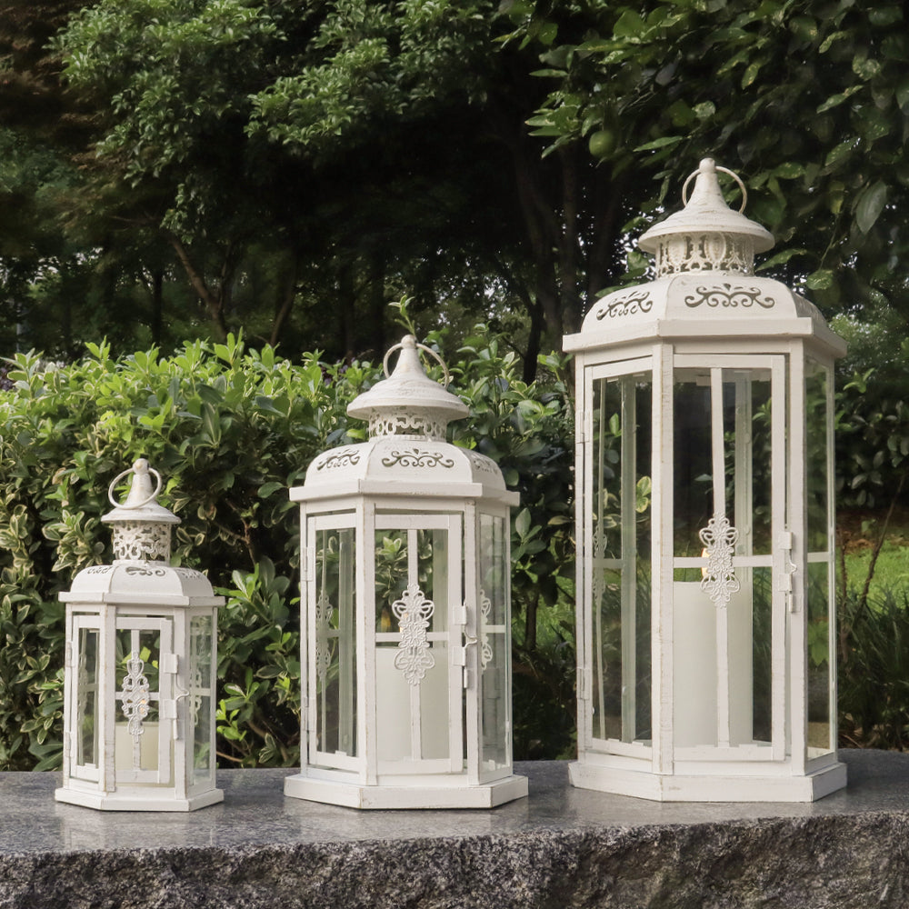 20''&14"&10" H Outdoor Candle Lanterns (White with Gold Brush)-1