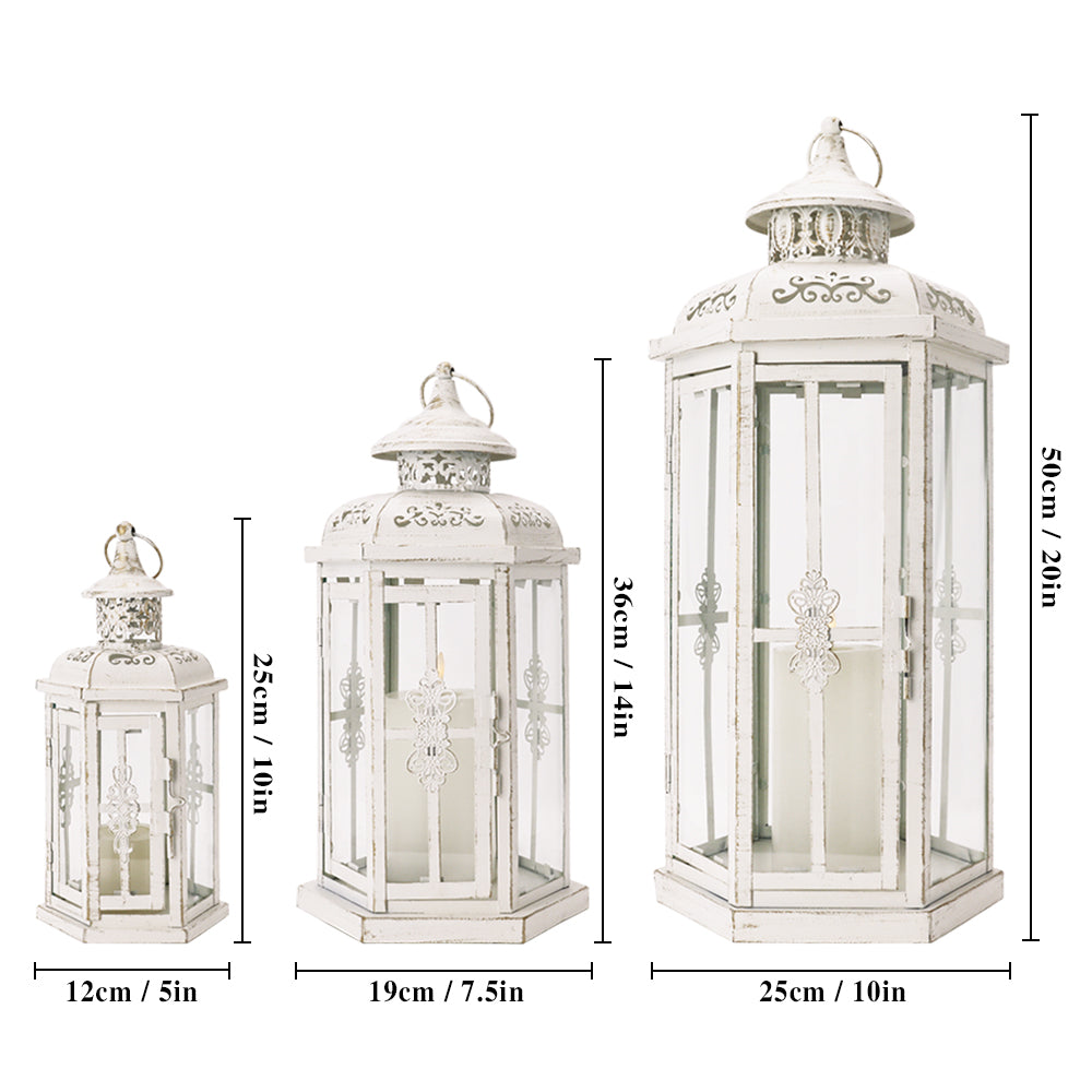 20''&14"&10" H Outdoor Candle Lanterns (White with Gold Brush)-2