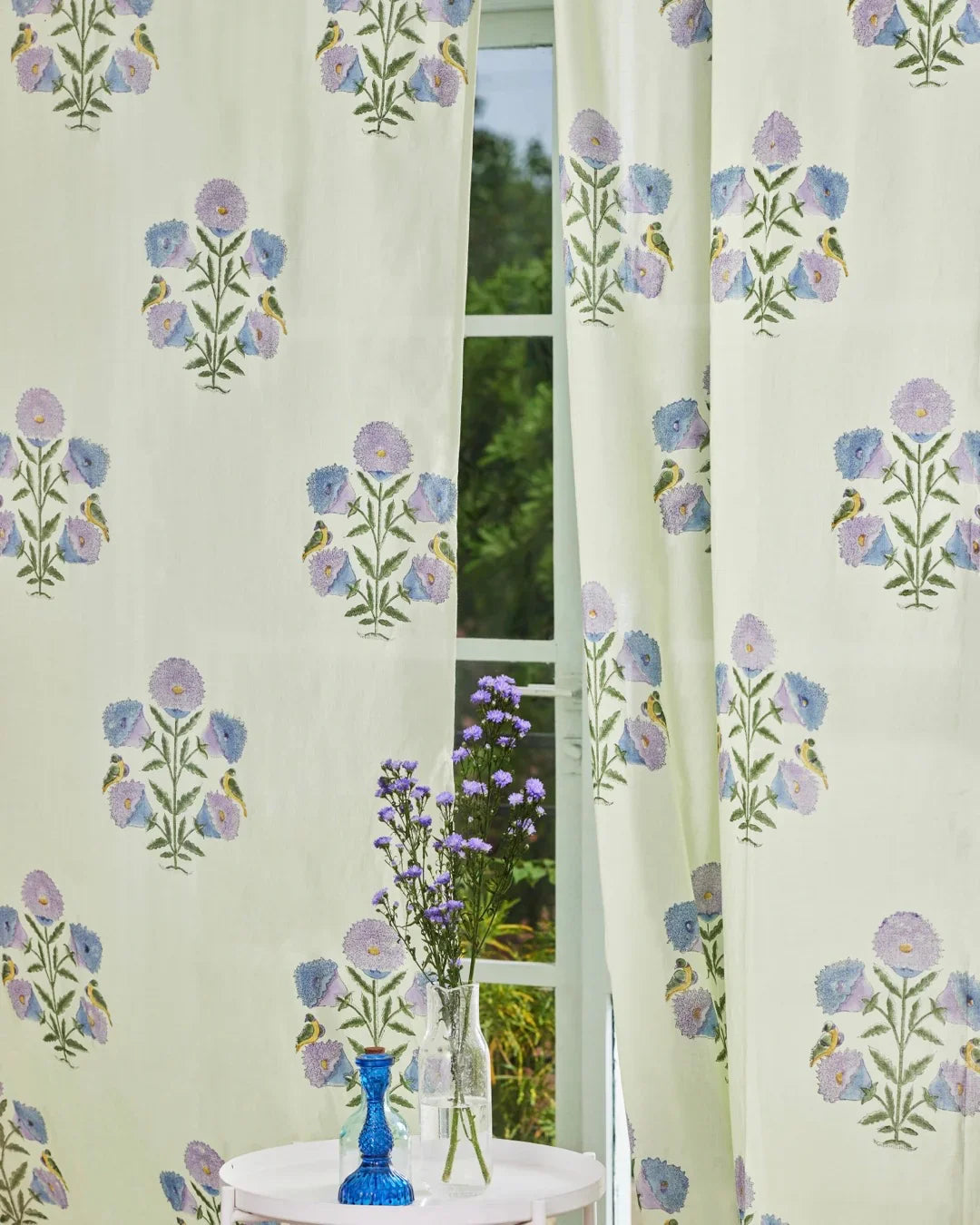 White & Purple Hand Block Printed Linen Curtains | Floral & Bird Design-2