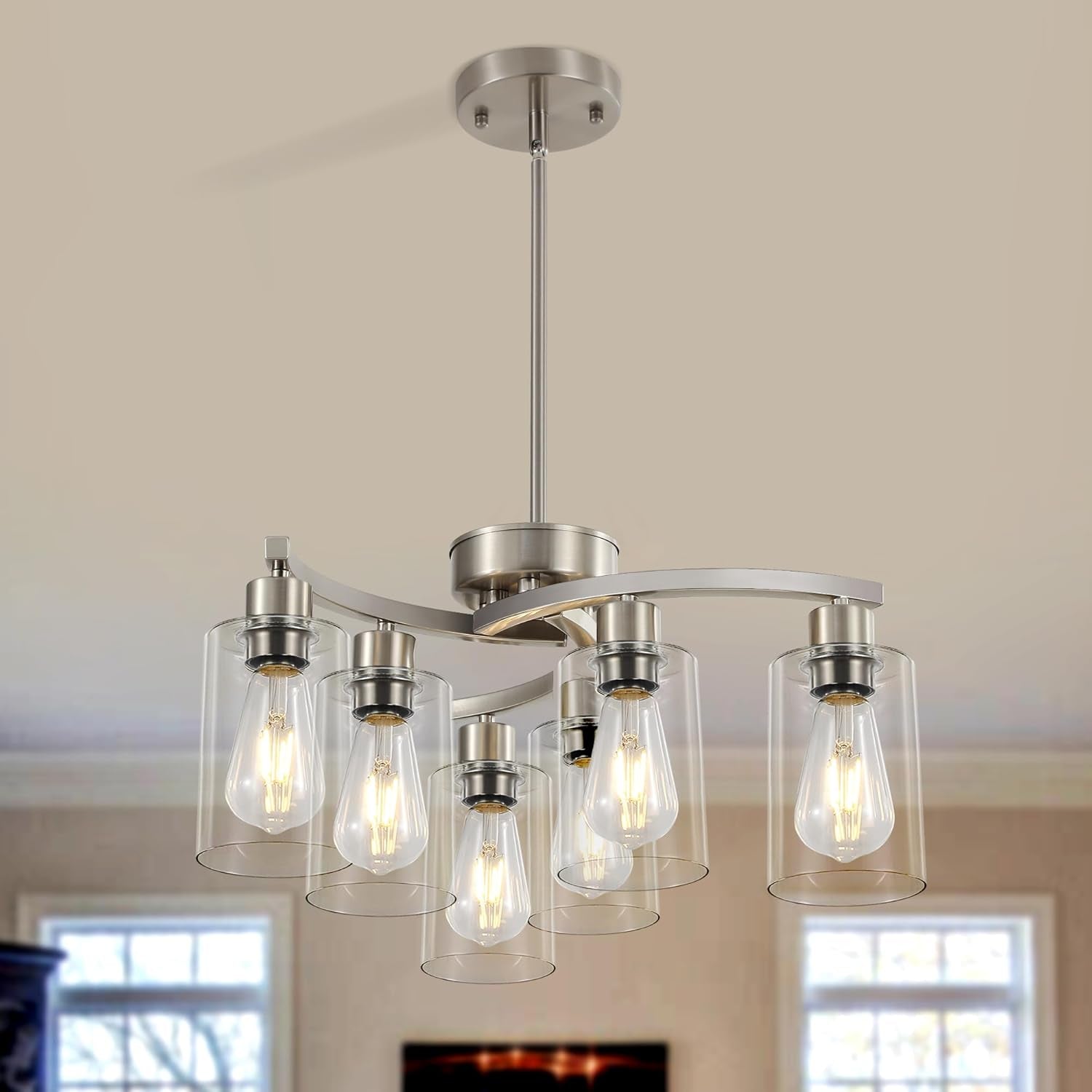 Brushed Nickel Farmhouse Chandelier 6 Light Pendant-4