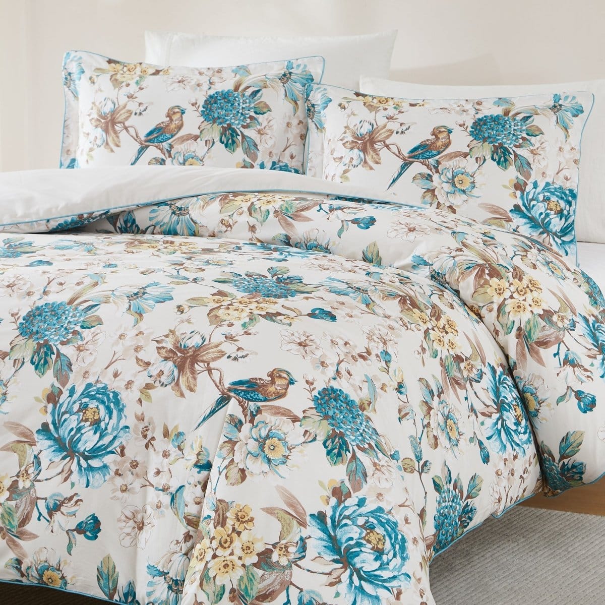 Bird And Hydrangea Reversible Cotton Duvet Cover Set
