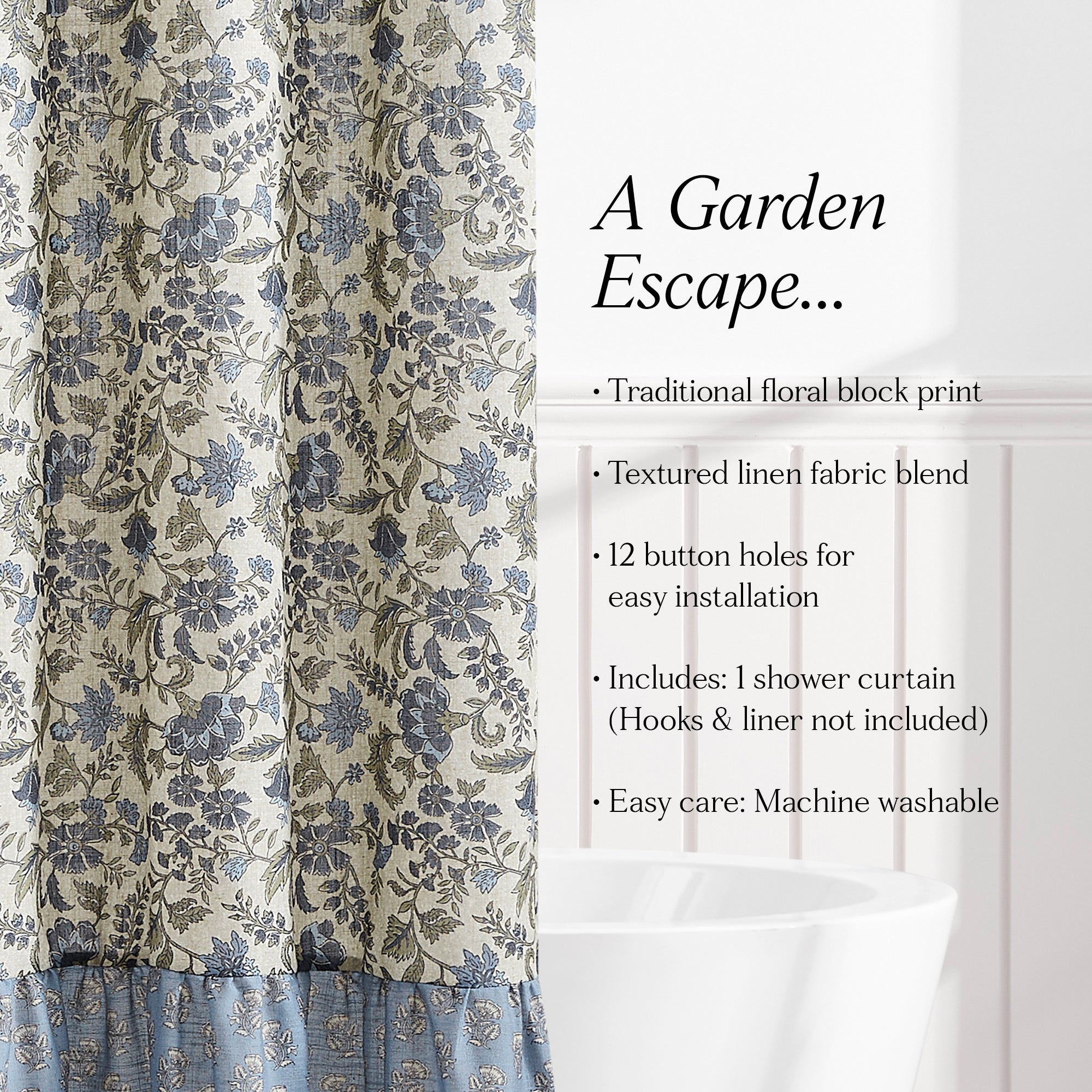 Lillian Block Print Linen Textured Shower Curtain