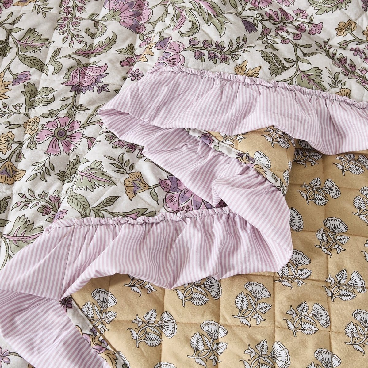 Lola Block Print Ruffle Reversible Floral Quilt Set
