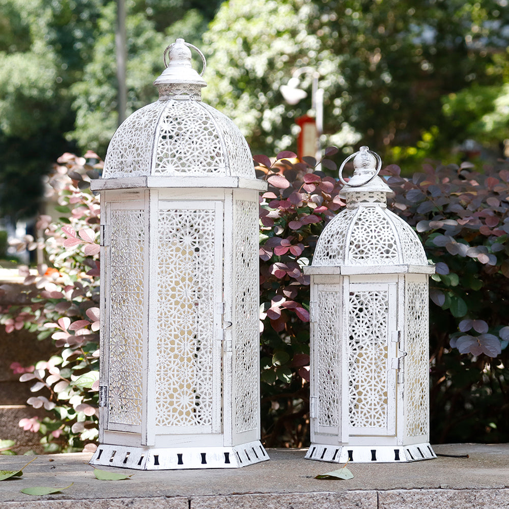 2 Set of 15 and 19.5"High White Rustic Metal Lanterns-0