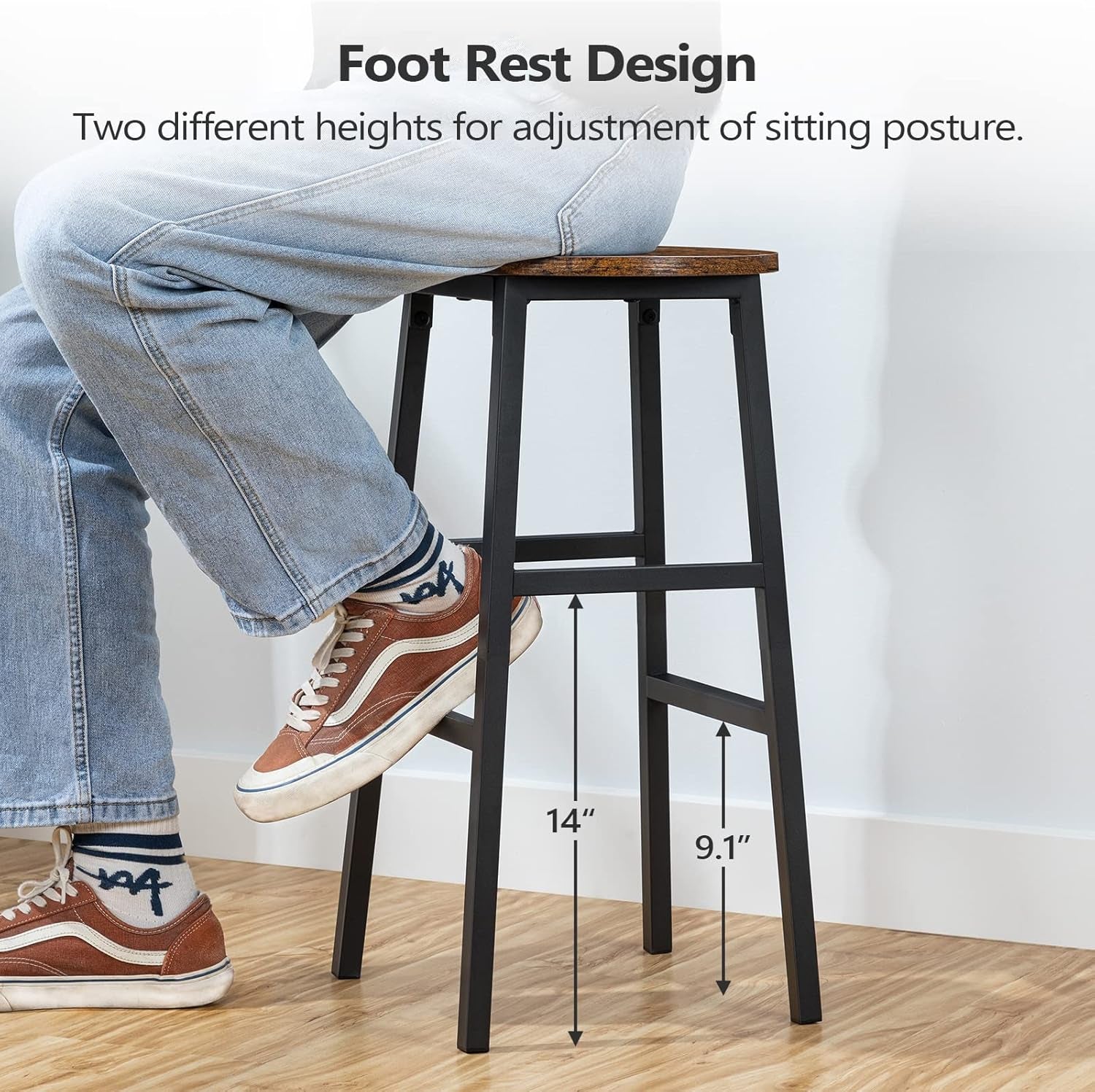Round Bar Stools Set of 2 With Footrest 24.4 Inch Industrial Rustic Brown
