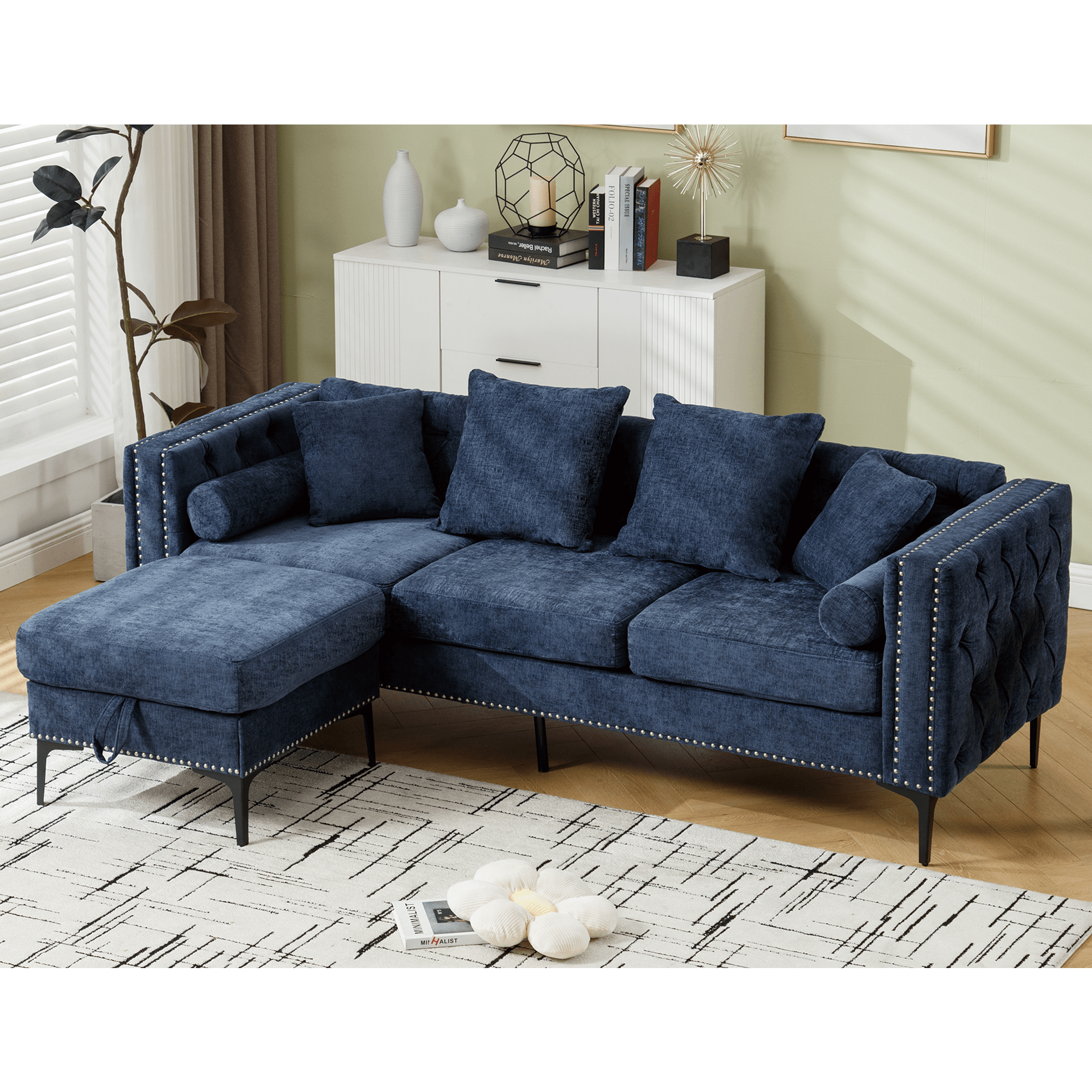 L Shaped Sectional Convertible Sofa with Storage Ottoman and Modern Tufted style - PRHOMZ
