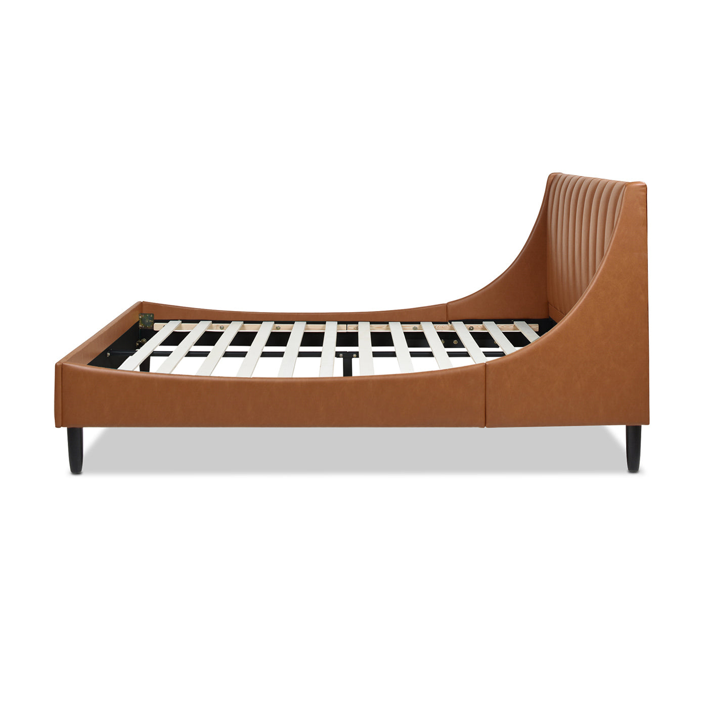 Aspen Vertical Tufted Modern Headboard Platform Bed Set, Queen, Caramel Tan Brown Faux Leather