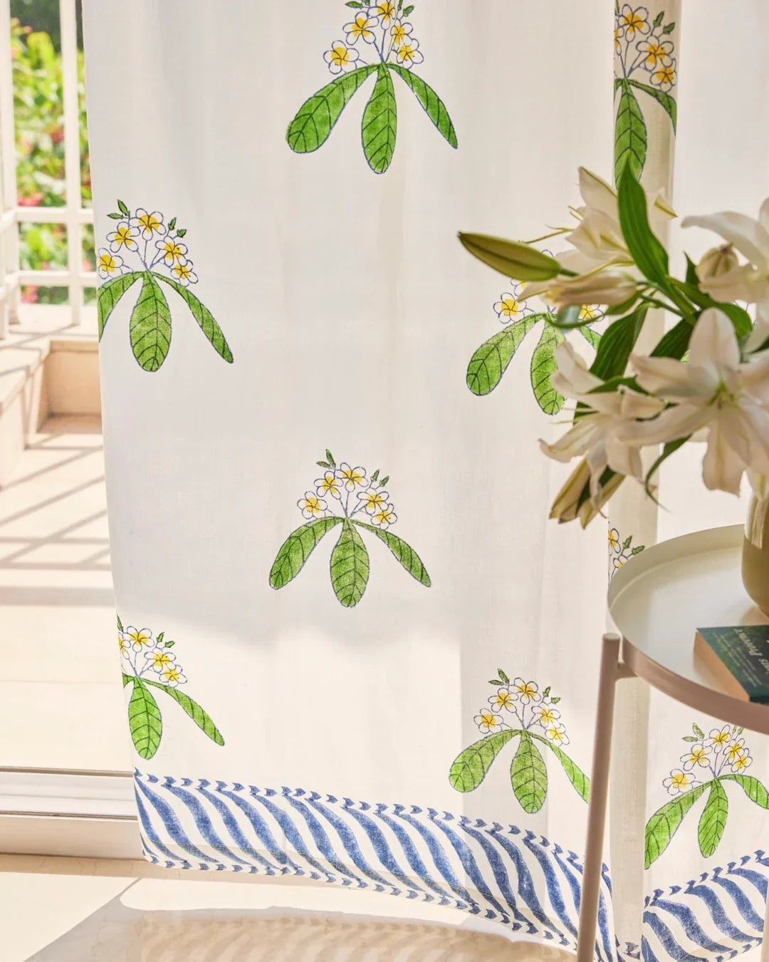 White & Green Hand Block Printed Linen Curtains | Frangipani Design-0