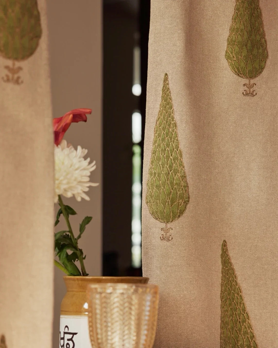 Beige & Green Hand Block Printed Linen Curtains | Cypress Tree Design-2