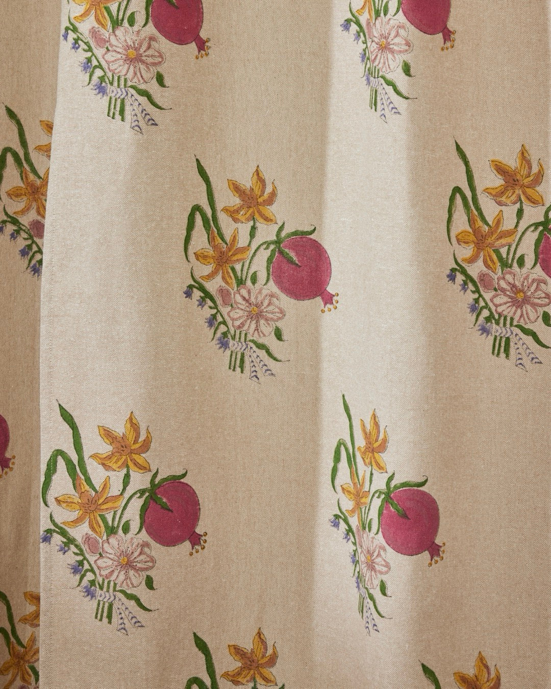 Beige Hand Block Printed Linen Curtains | Pomegranate & Floral Design-2