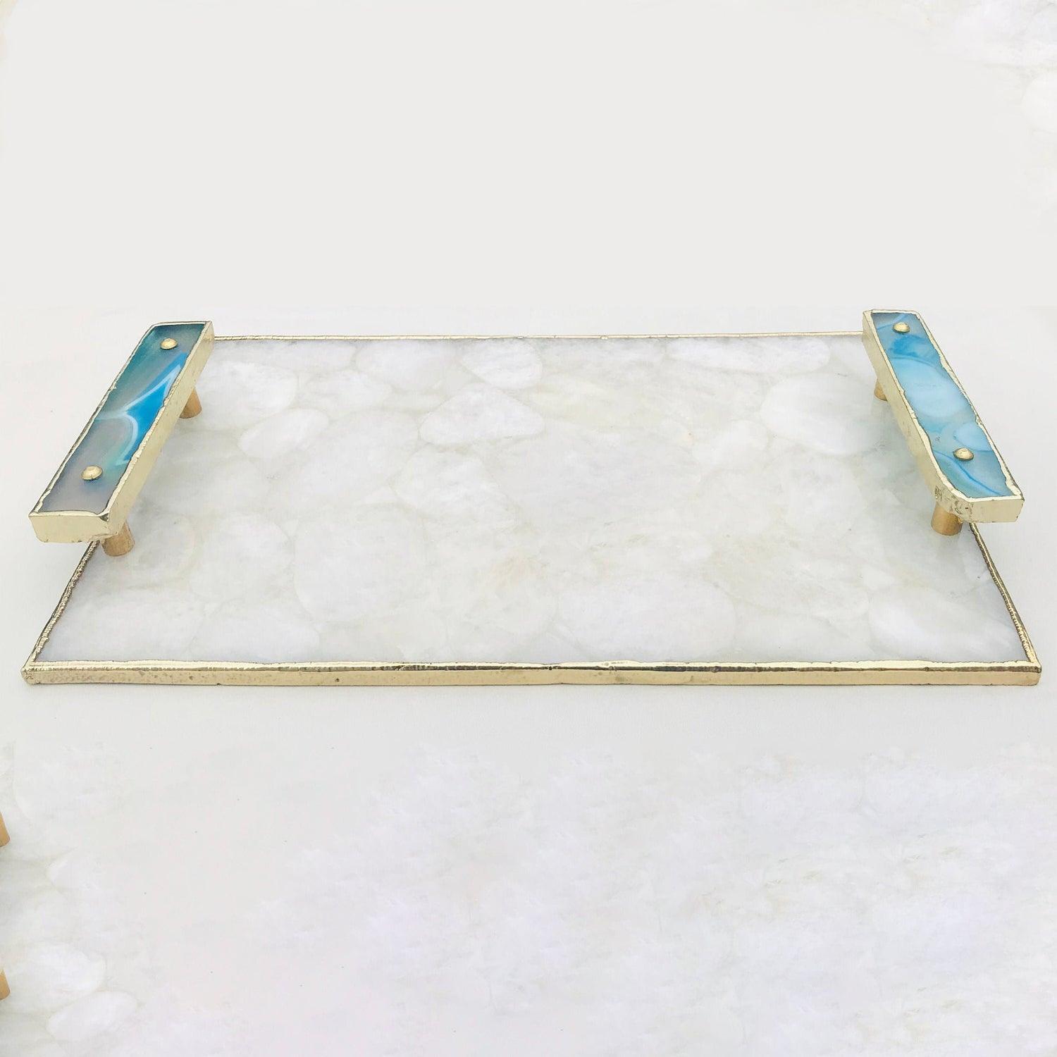 White Crystal Agate Plated Serving Tray With Blue Agate/Onyx Handles/Personalised Momentos/Sign Boards - PRHOMZ