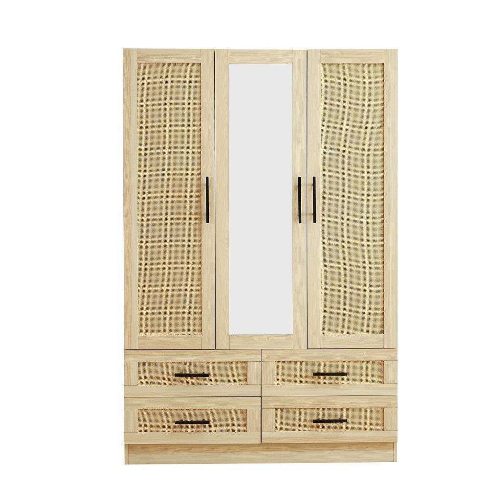 Rattan Wardrobe Closet with 3 Doors & Mirror | 71" H Wooden Armoire Cabinet with Hanging Rod for Bedroom - PRHOMZ