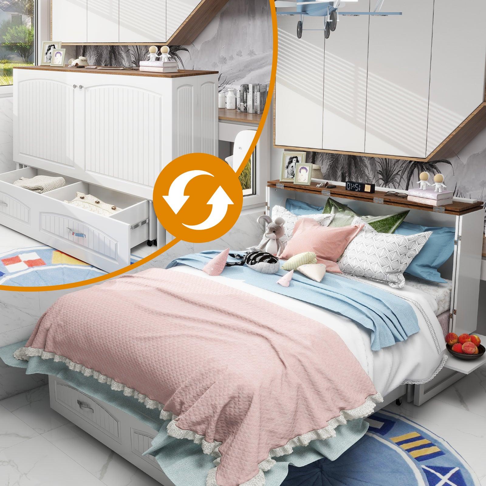 Queen Murphy Bed Cabinet with Storage, USB Ports & Drawer - PRHOMZ