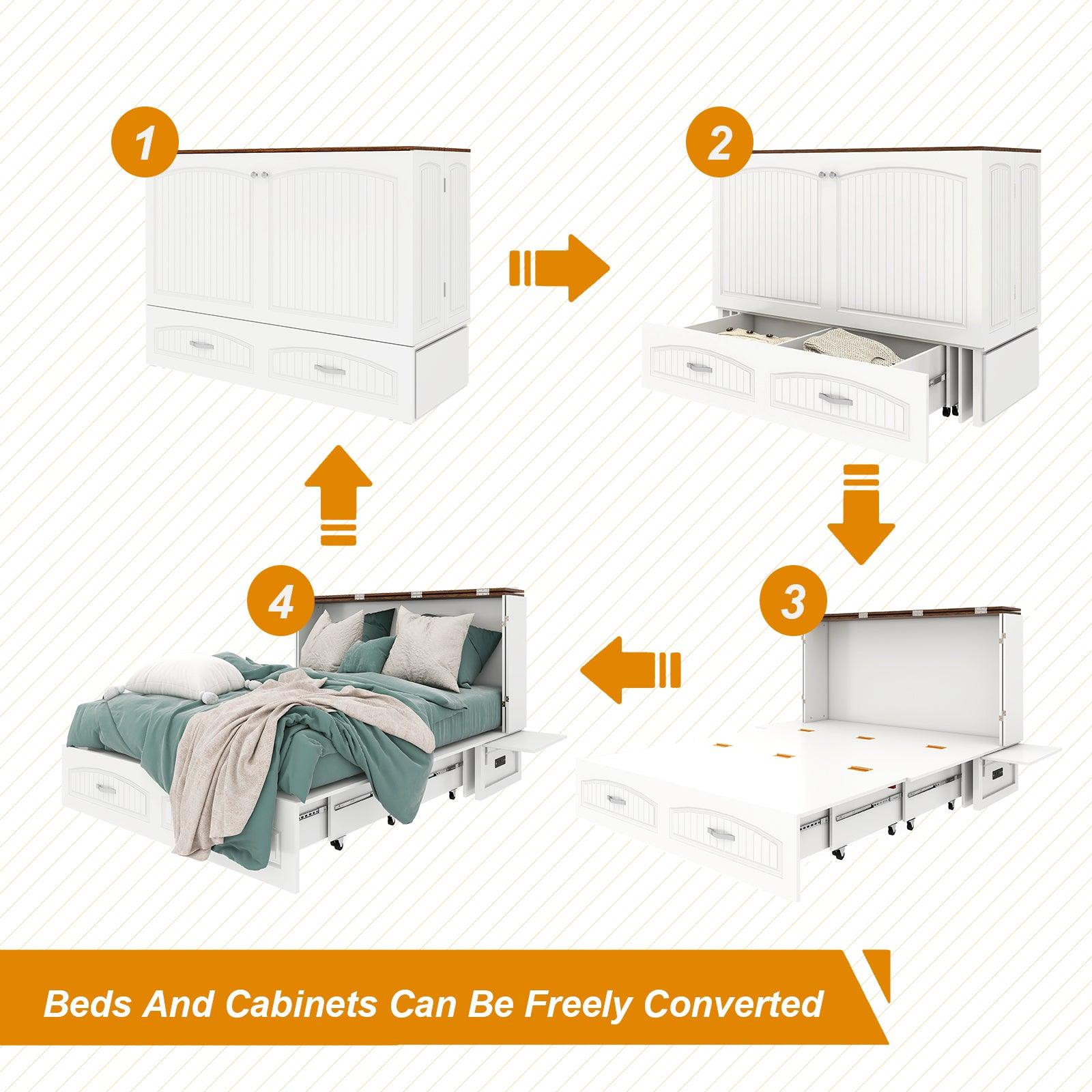 Queen Murphy Bed Cabinet with Storage, USB Ports & Drawer - PRHOMZ