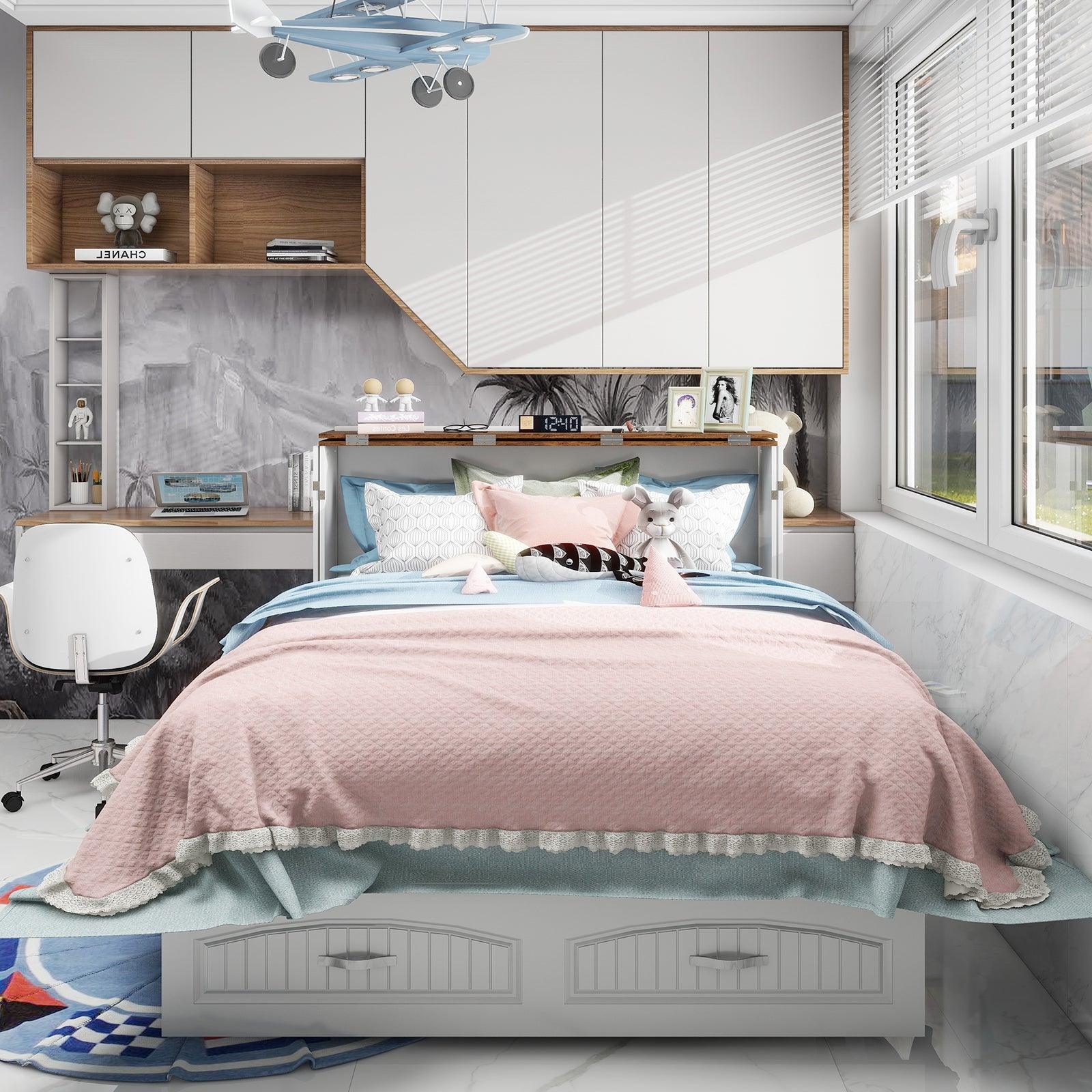 Queen Murphy Bed Cabinet with Storage, USB Ports & Drawer - PRHOMZ