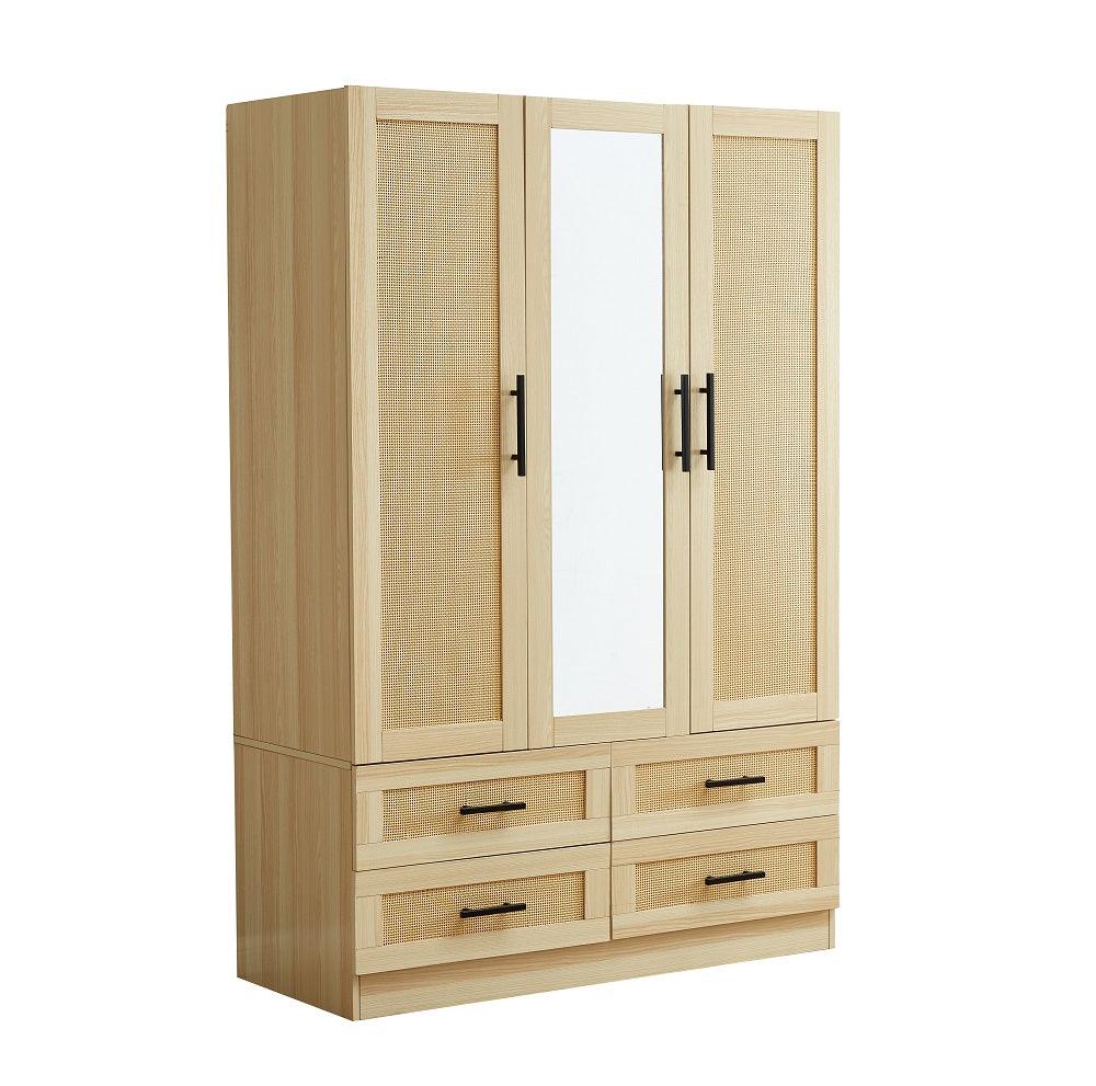 Rattan Wardrobe Closet with 3 Doors & Mirror | 71" H Wooden Armoire Cabinet with Hanging Rod for Bedroom - PRHOMZ