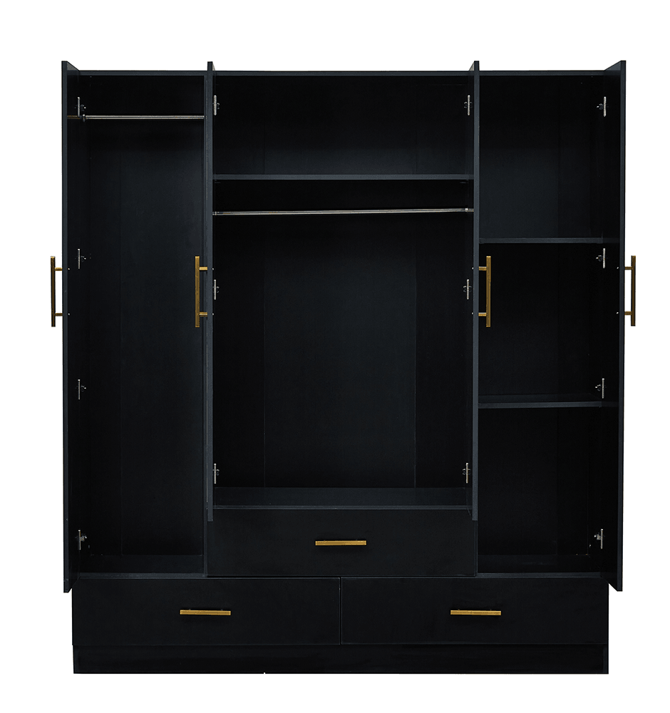 4-Door Wooden Armoire Wardrobe Closet with Mirror, Shelves & Hanging Rail | Black Large Capacity Clothes Storage - PRHOMZ