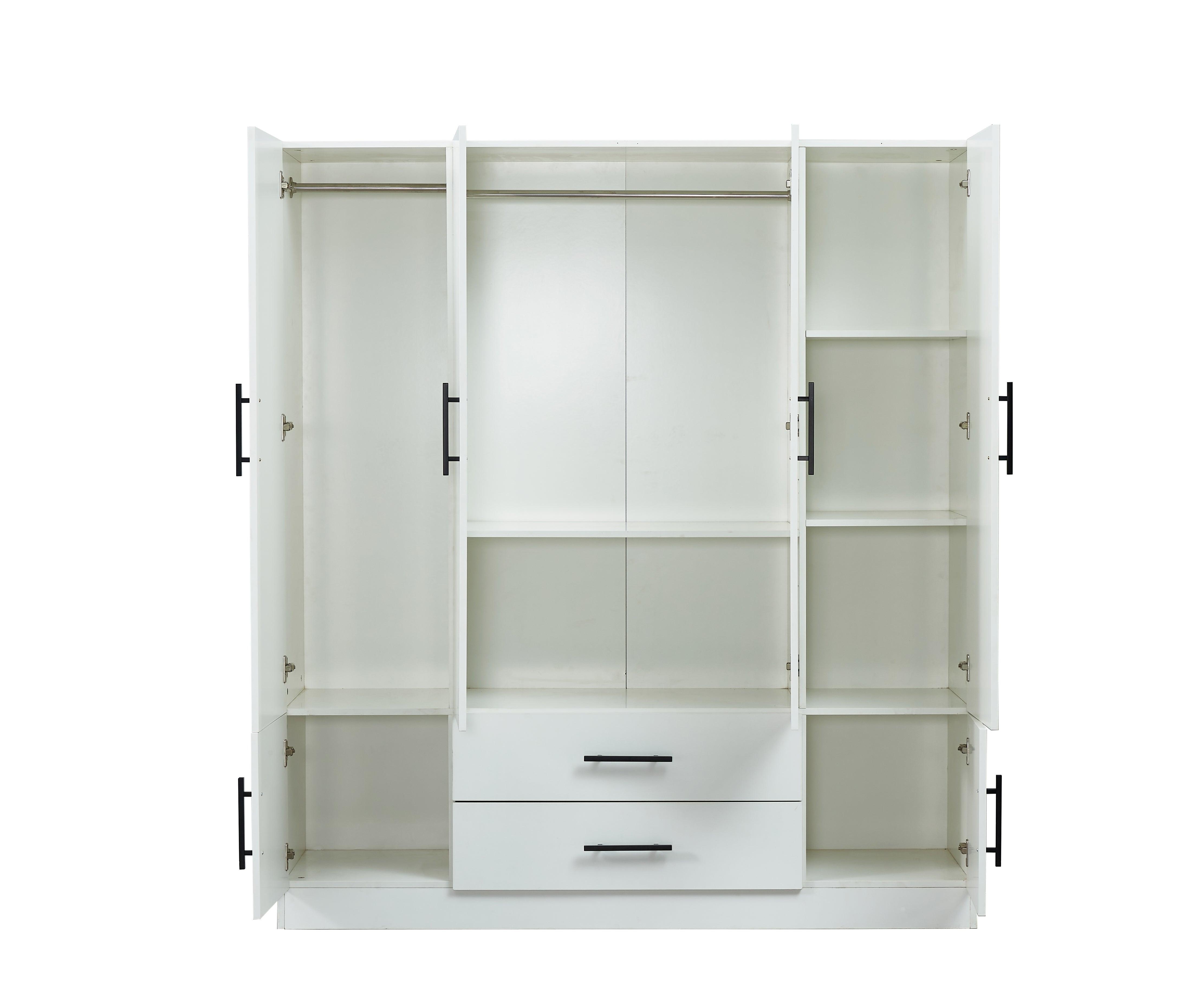 Spacious Armoire Wardrobe Closet with 4 Doors, 2 Hanging Rods & Drawers | White Wood Clothes Storage Cabinet - PRHOMZ