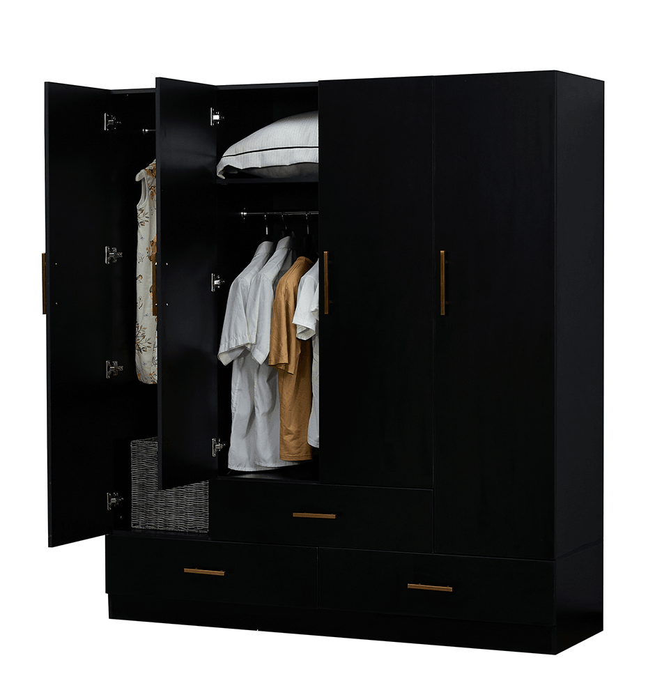 4-Door Wooden Armoire Wardrobe Closet with Mirror, Shelves & Hanging Rail | Black Large Capacity Clothes Storage - PRHOMZ