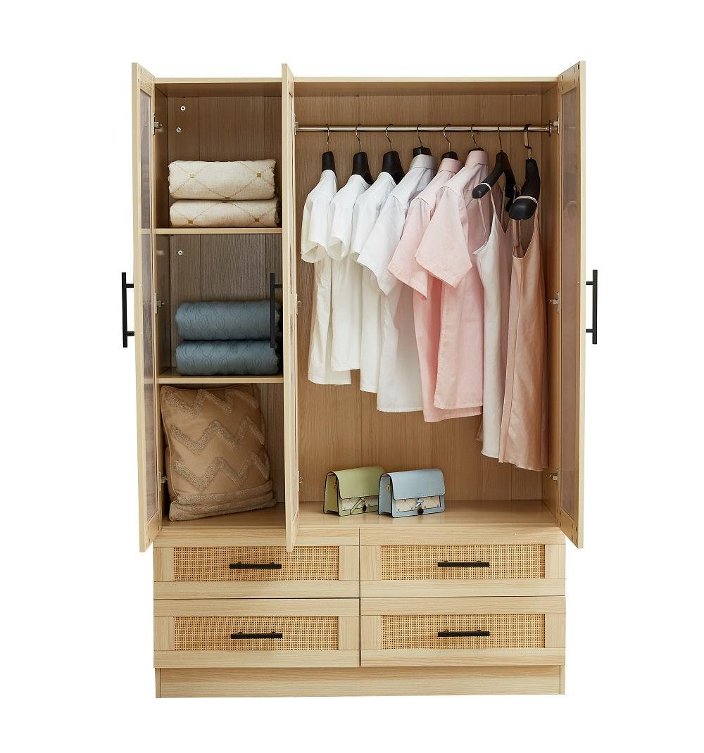 Rattan Wardrobe Closet with 3 Doors & Mirror | 71" H Wooden Armoire Cabinet with Hanging Rod for Bedroom - PRHOMZ