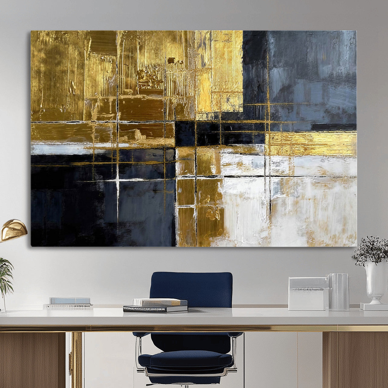 Gold Navy Abstract Wall Art Canvas Print, Modern Luxury