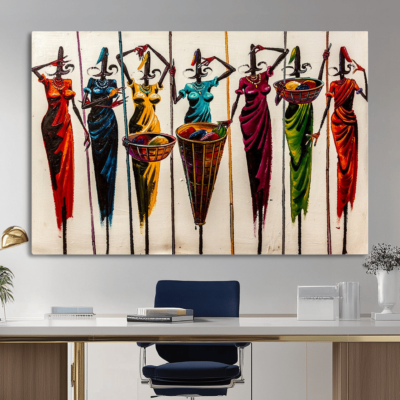 African Folk Art Canvas Wall Art, Colorful African Women Village Painting Print, Tribal Ethnic Home Decor, Vibrant African Art, Living Room